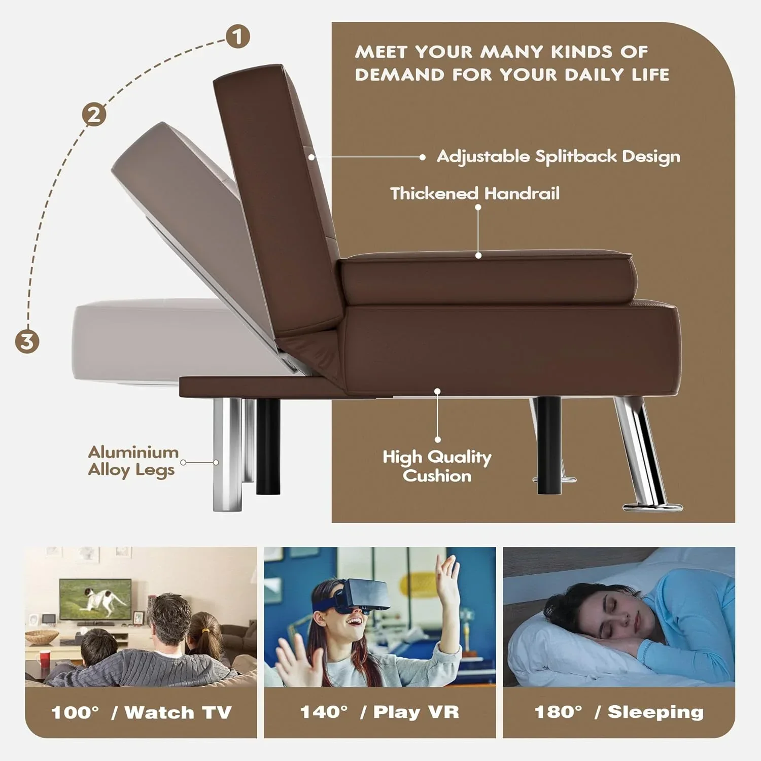 Homall Futon Sofa Bed Leather Futon Couch with Armrests Adjustable Recliner Sleeper Sofa Bed