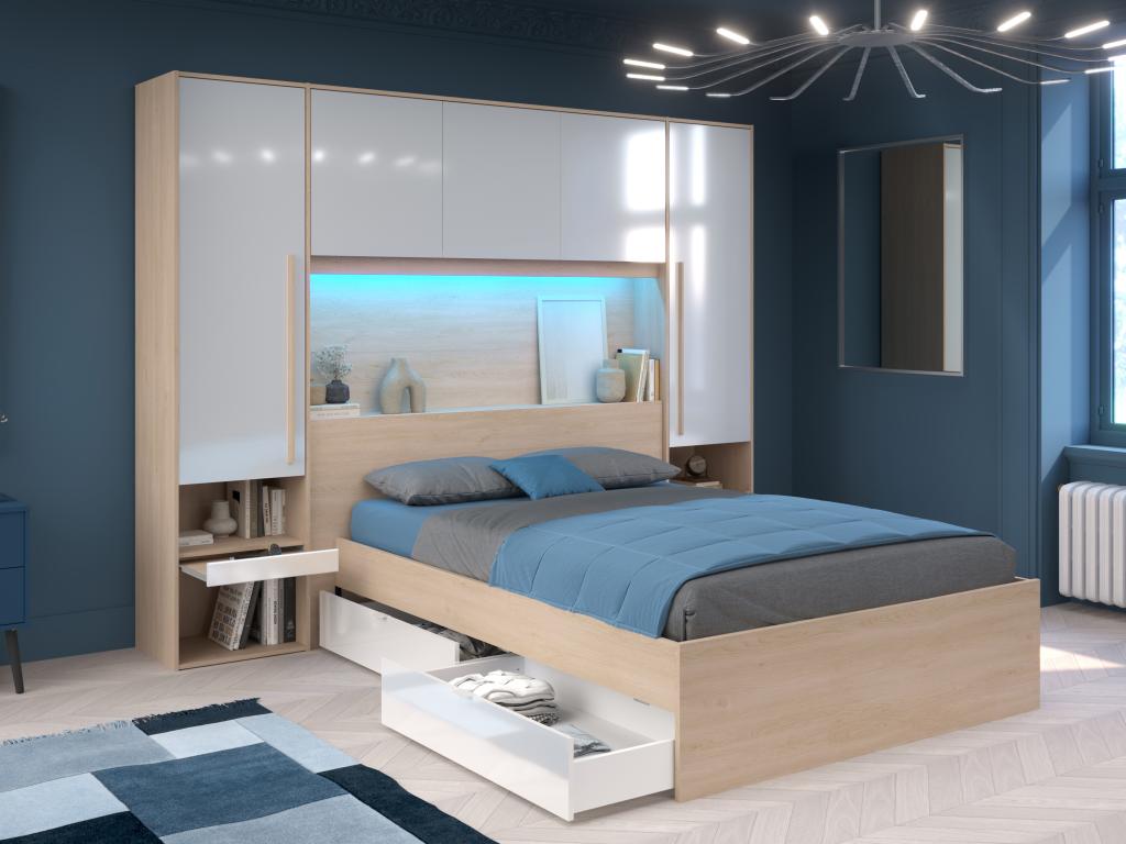Cama con almacenamiento 140 x 190 cm - con LEDs - Color: natural y blanco brillante + Somier - VELONA