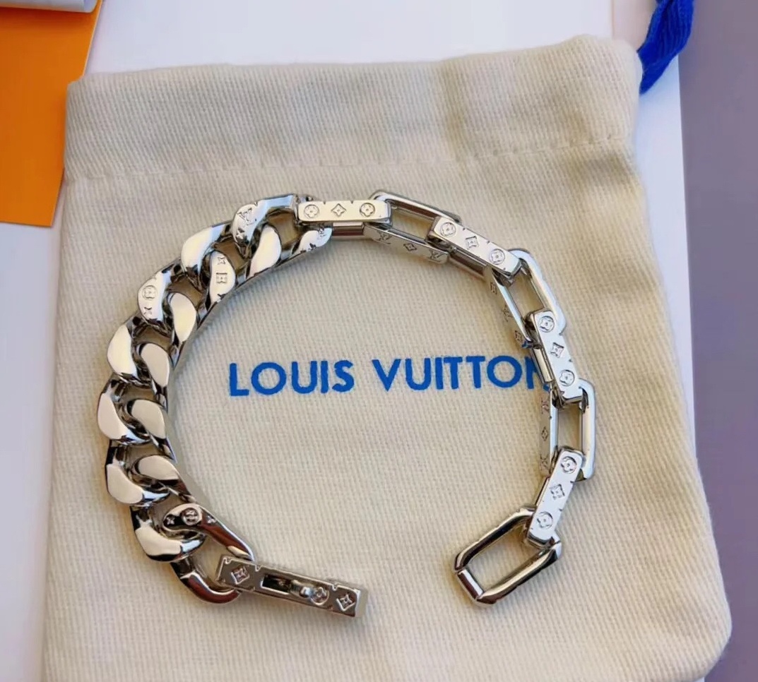 Louis Vuitton Silver Chunky Mixed Cuban Chain Mens Bracelet - Original Replica Club