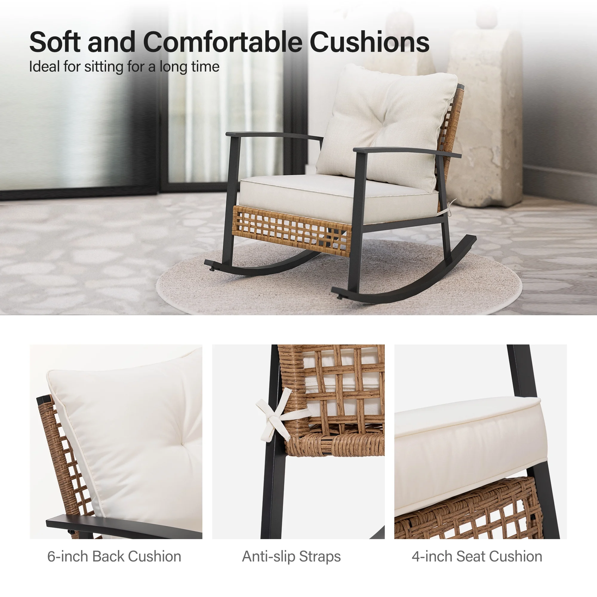 LAUSAINT HOME Outdoor Rocking Chair, Patio PE Rattan Chair with Beige Cushions - Image 2