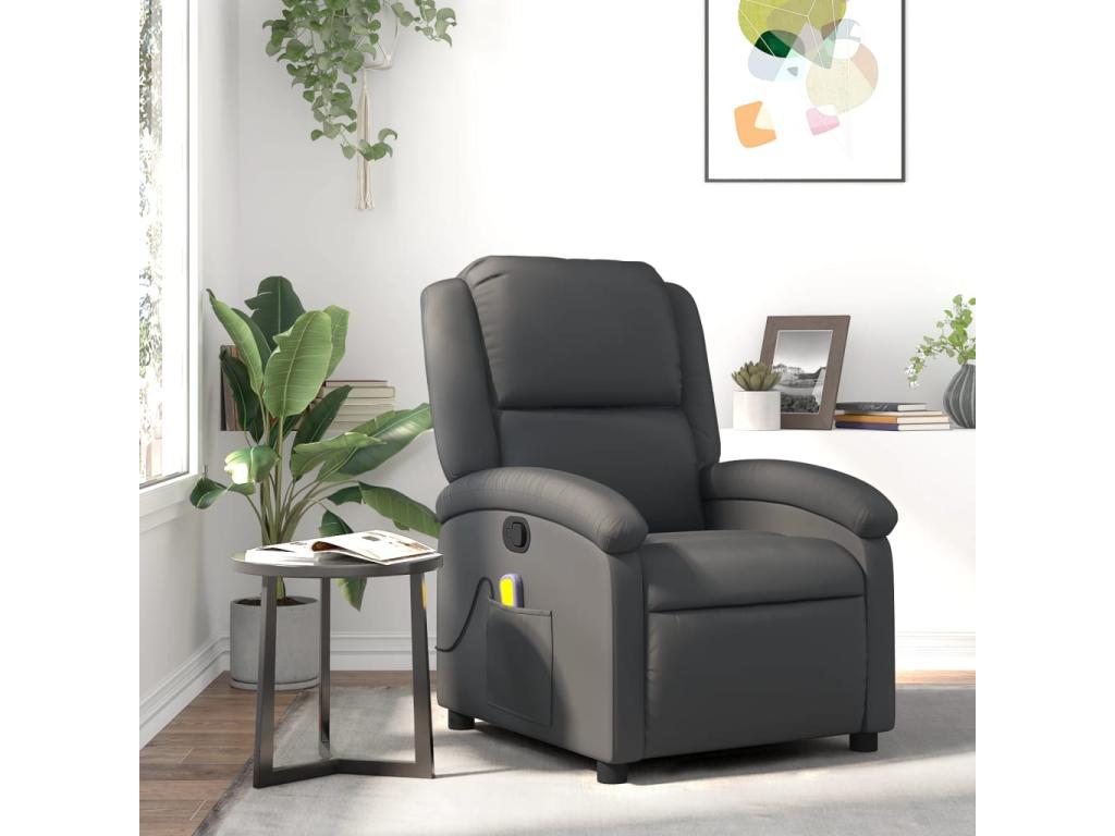 Sillón reclinable de masaje cuero auténtico gris