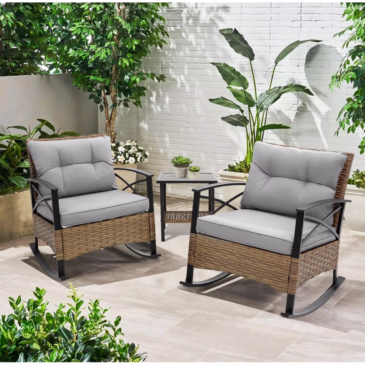 3 Pieces Patio Outdoor Conversation Set, Patio Furniture Bistro Set with 2-Tier Coffee Table, PE Wicker Rocking Chairs with Blue Cushions for for Backyard Porch Poolside