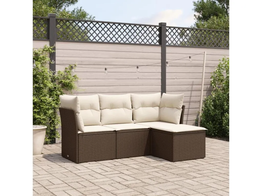 Set de sofás de jardín 4 piezas y cojines ratán sintético marrón