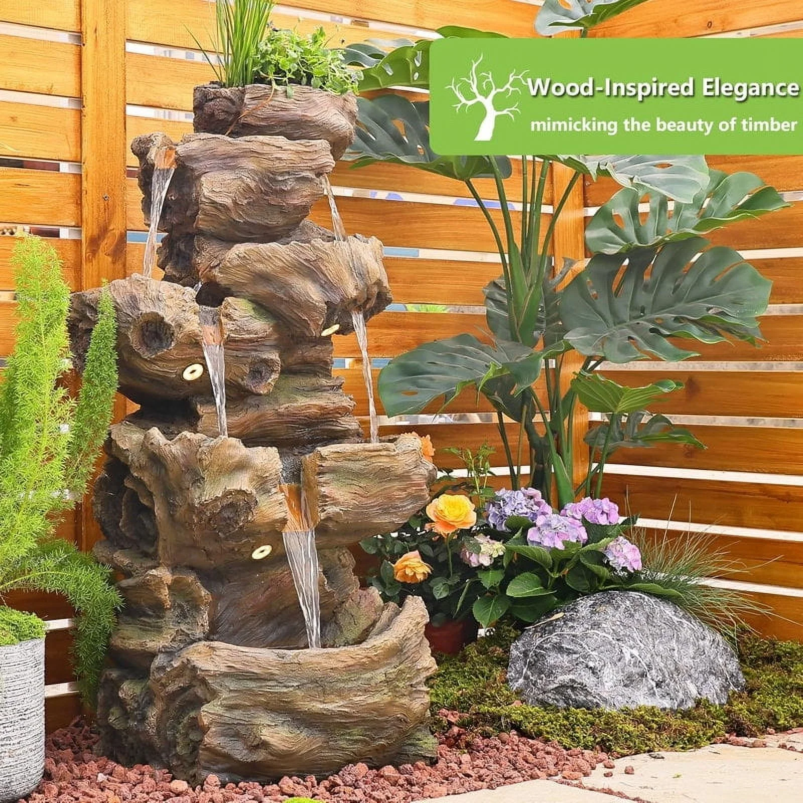 5-Tier Outdoor Rock Waterfall Fountain with LED Lights, Large Cascading Garden Water Feature for Patio, Porch, Yard - Image 2