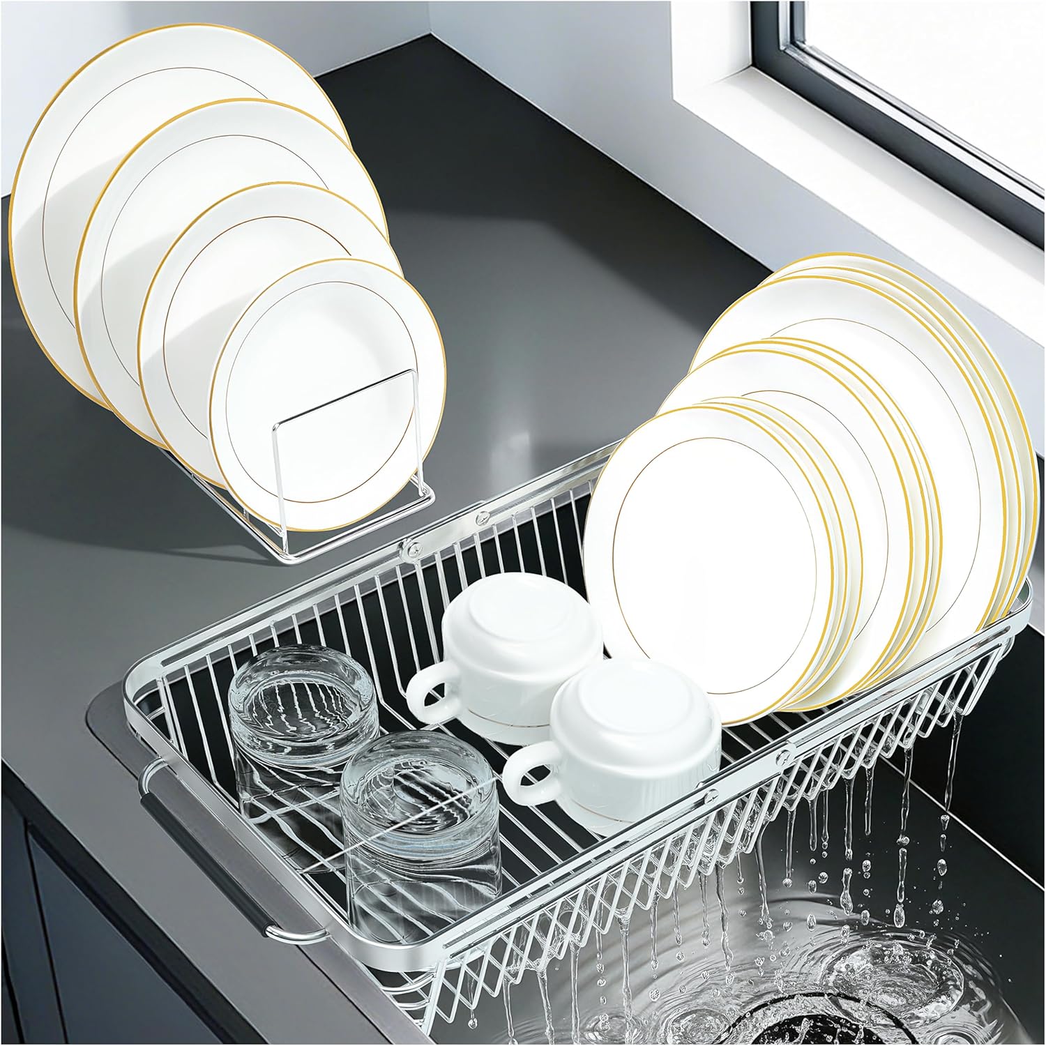 Dish Drying Rack Over The Sink, Stainless Steel Dish Racks for Kitchen Counter, Expandable Drainer for Kitchen Sink Organizer, 2-in-1 Extend Drain Basket and Plates Holder for Utensil Storage
