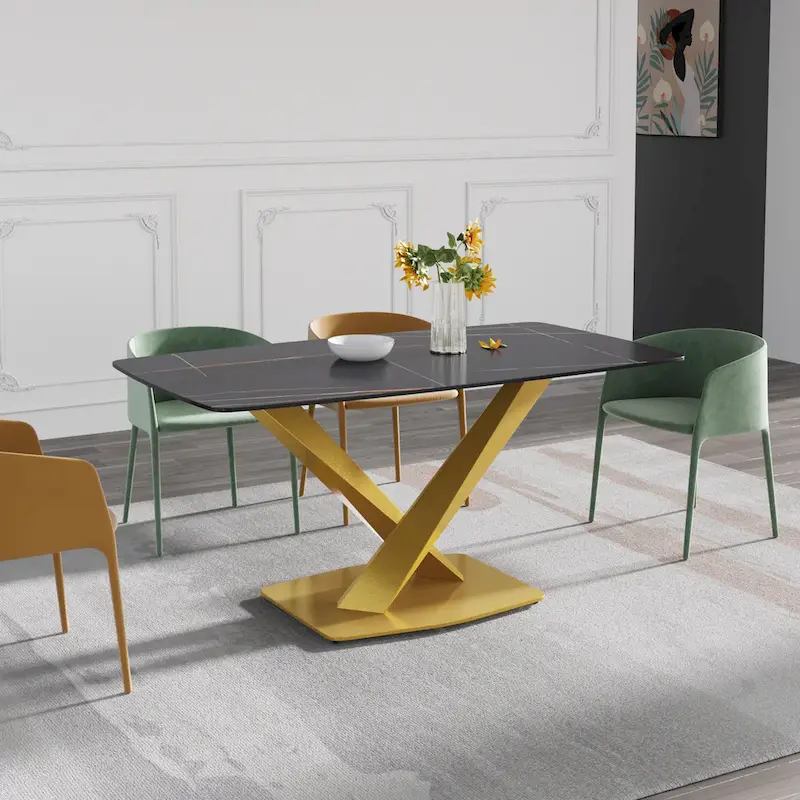 63-Inch Contemporary Dining Table with Slate Stone Surface and Metal Legs, Marble Finish