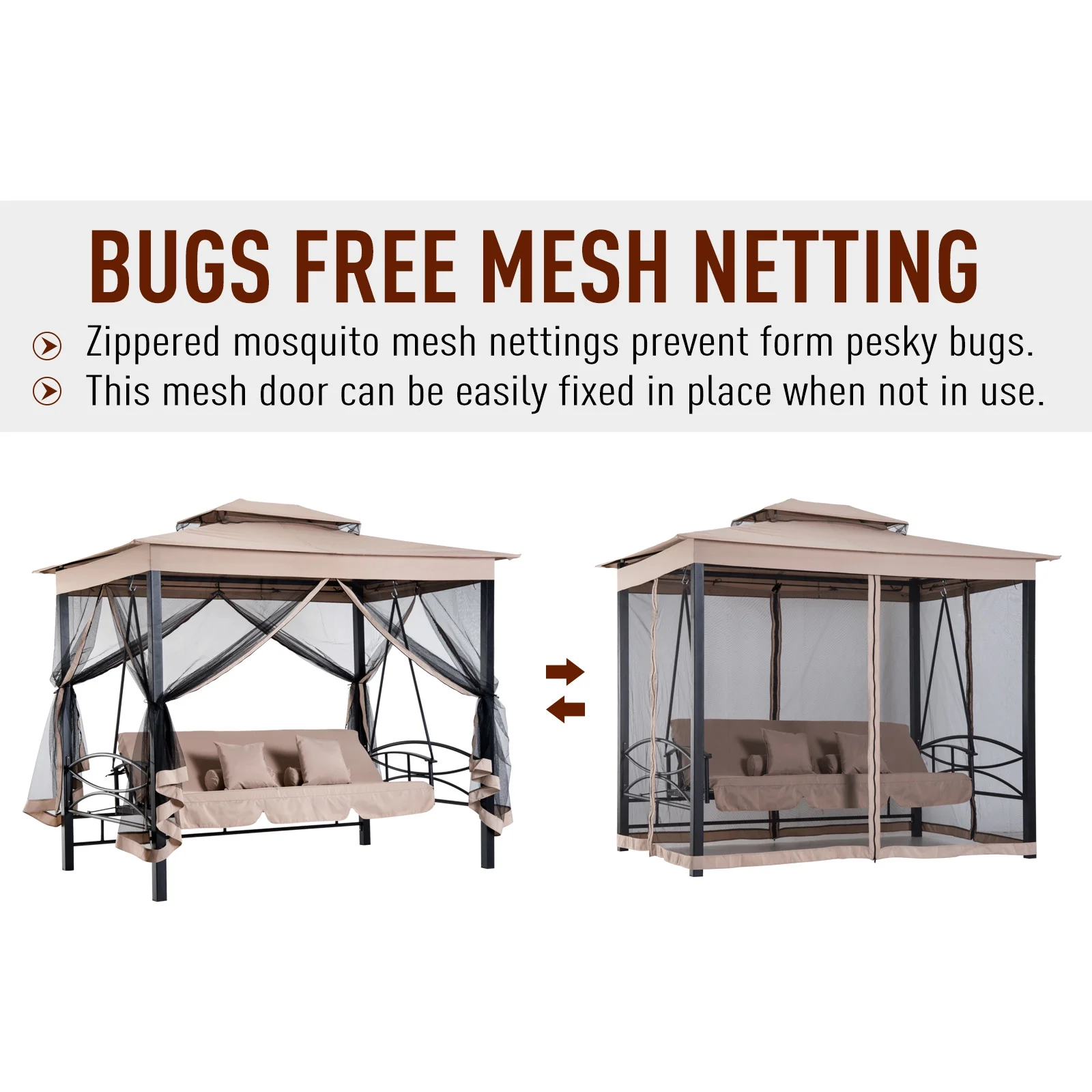 Outsunny 3 Person Patio Swing Chair, Gazebo Swing with Double Tier Canopy, Cushioned Seat, Mesh Sidewalls, gray - Image 18