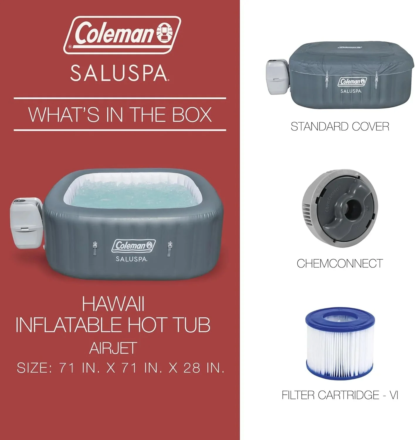 4 to 6 Person Inflatable Hot Tub Square Portable Outdoor Spa with 114 Soothing AirJets and Insulated Cover, Gray-Coleman