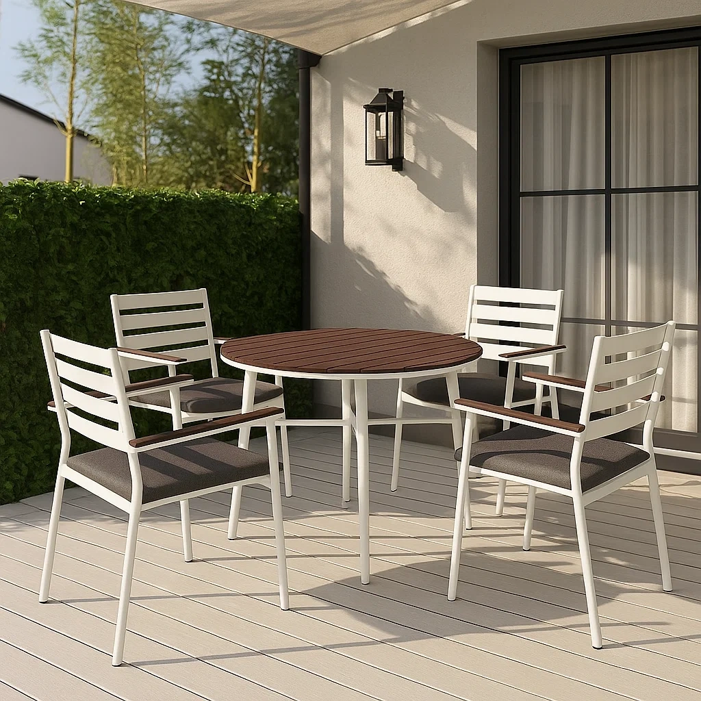 Conjunto de comedor de jardín redondo de 4 plazas, estructura metálica blanca, mesa con top de madera, sillas con cojín gris - ddOSkox174zo