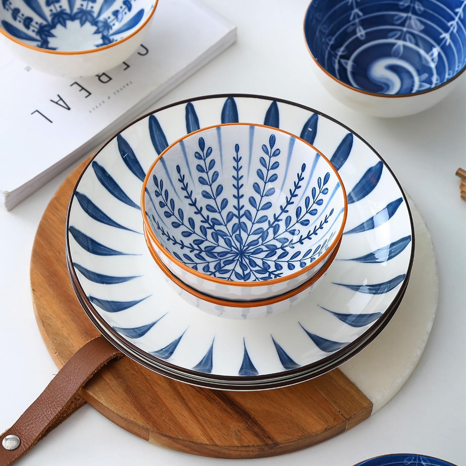 Ceramic Plates and Bowls Set, Japanese Style Dinnerware Set with Gift Box - Blue and White - 4 Rice Bowls and 2 Pasta Bowls - Kitchen Gifts for Women