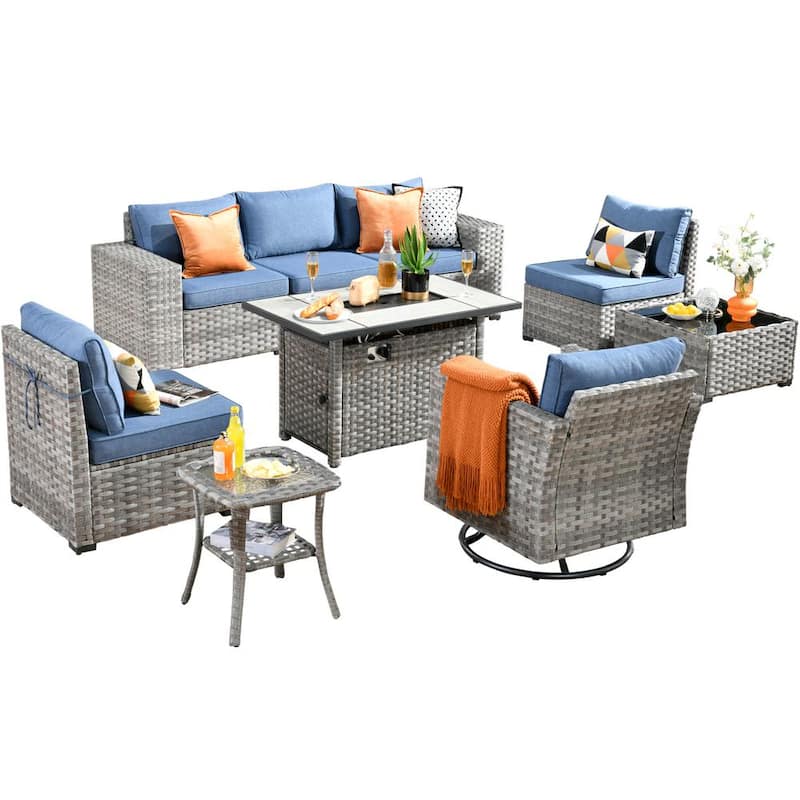 Conjunto de Sofá para Patio con Fuego de 9 Piezas en Wicker Gris Tahoe, Mesa Rectangular con Silla Giratoria y Cojines Azul Denim bt5806259