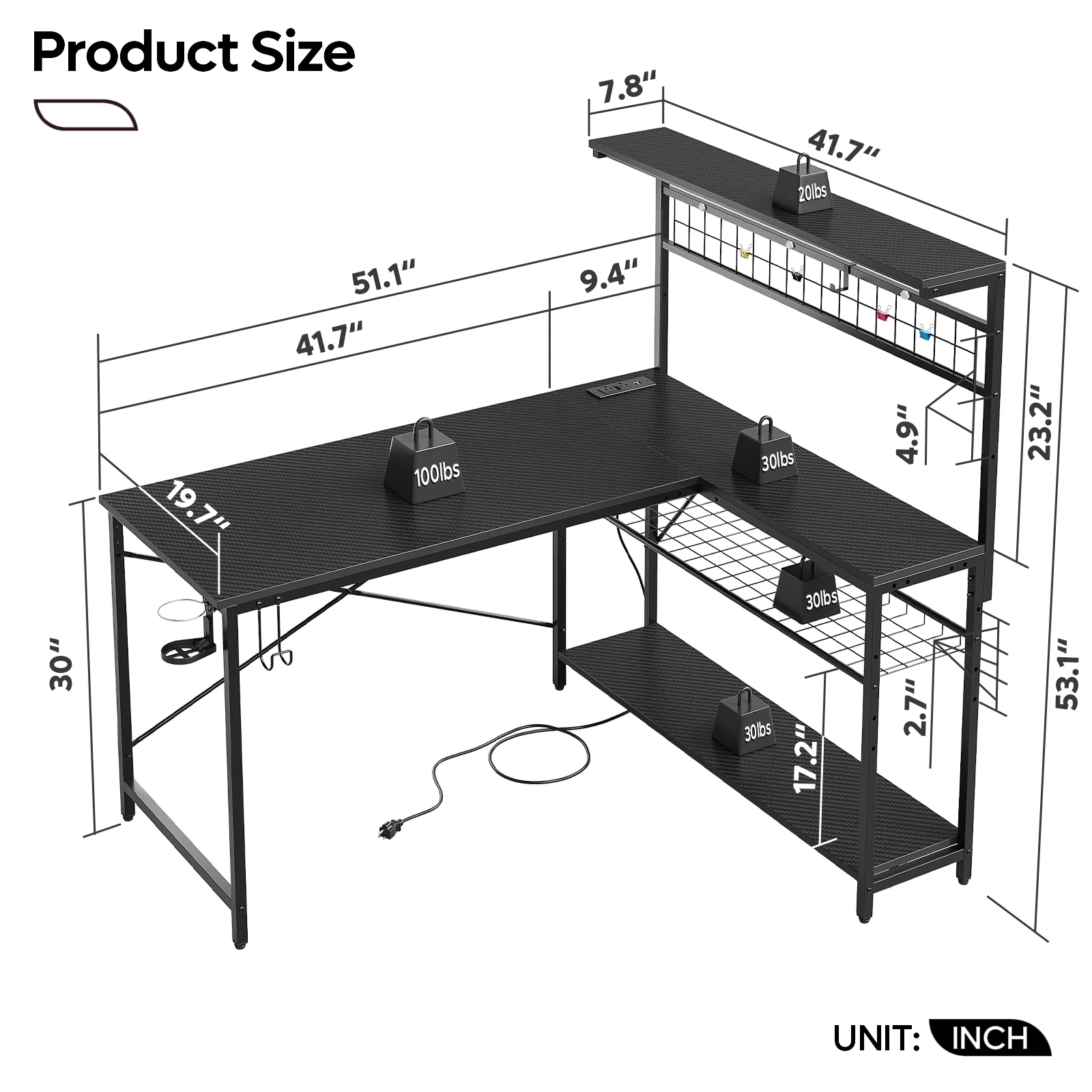Bestier 51 L Shaped Gaming Desk with Power Outlets & LED Light, Computer Desk with 4 Tiers Shelves for Home Office, Reversible Gamer Table with Hooks and Cup Holder, Carbon Fiber - Image 11