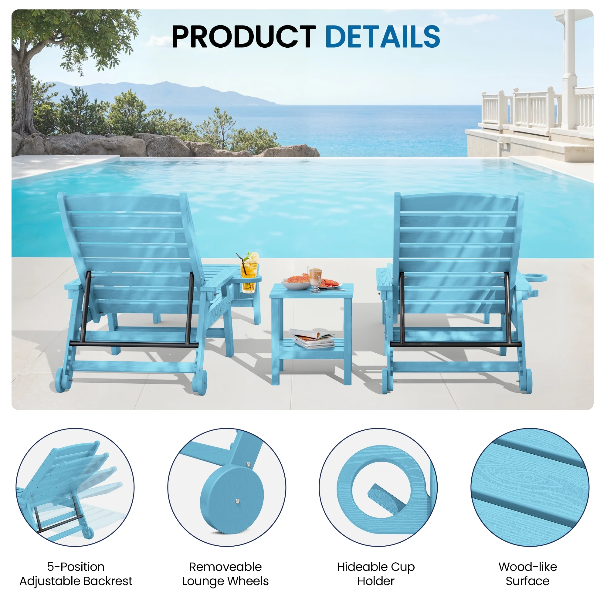 SERWALL Patio Chaise Lounge Chair, 78'' HDPE Outdoor Lounge Chair 5 Positions Pool Lounger Navy Blue - Image 55