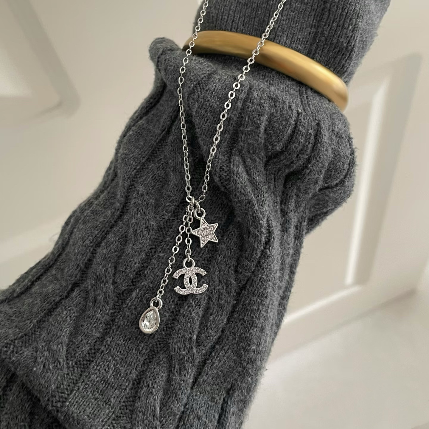Chanel Silver Necklace with Star Teardrop CC Pendant - Original Replica Club