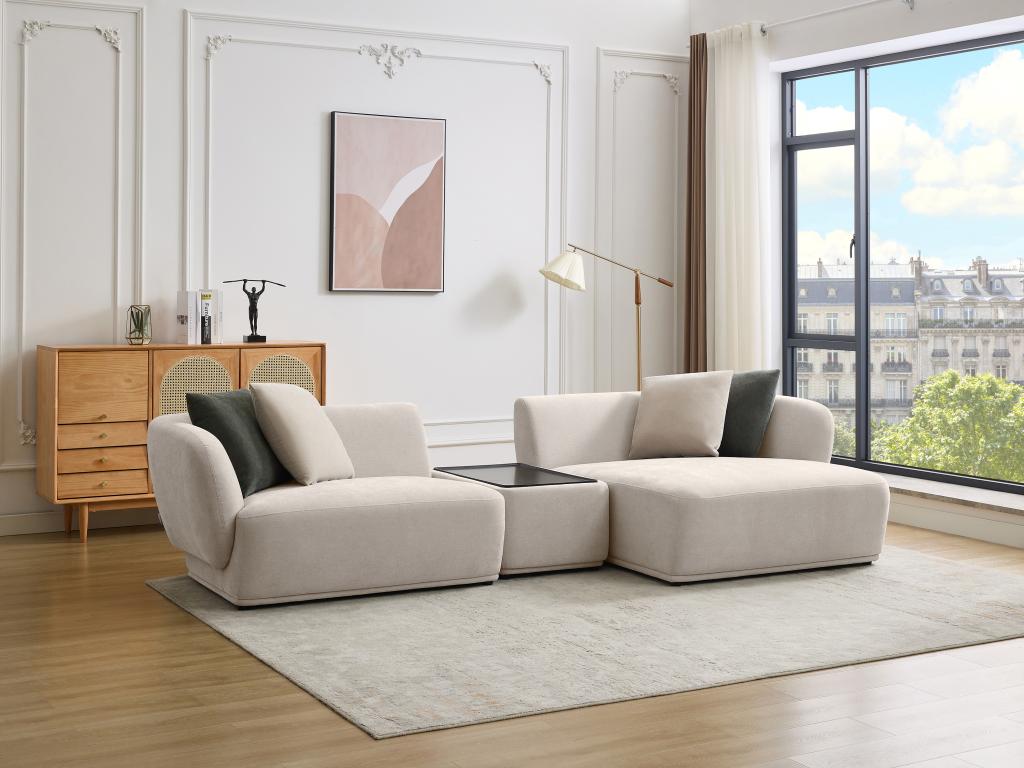 Sofá rinconera derecho modular con estante de tela beige RANASO
