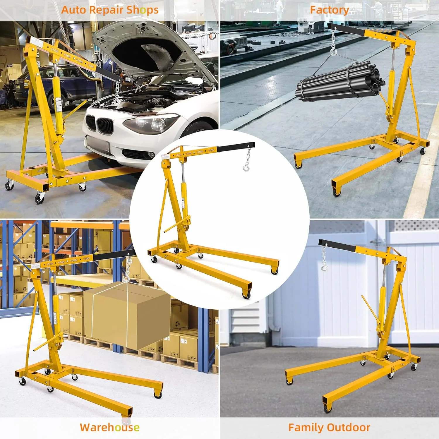 JoanKaren 2 Ton Folding Hydraulic Engine Hoist,Heavy-Duty Engine Shop Crane Hoist Lift,Heavy Cherry Picker with 6 Wheels,Yellow - Image 2