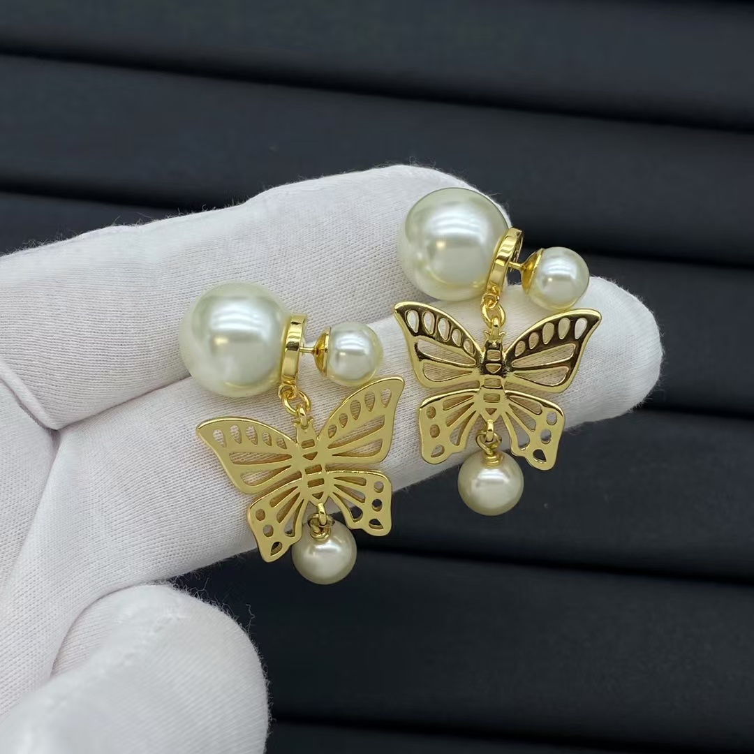 Dior Gold Butterfly Pearl Drop Earrings - Original Replica Club