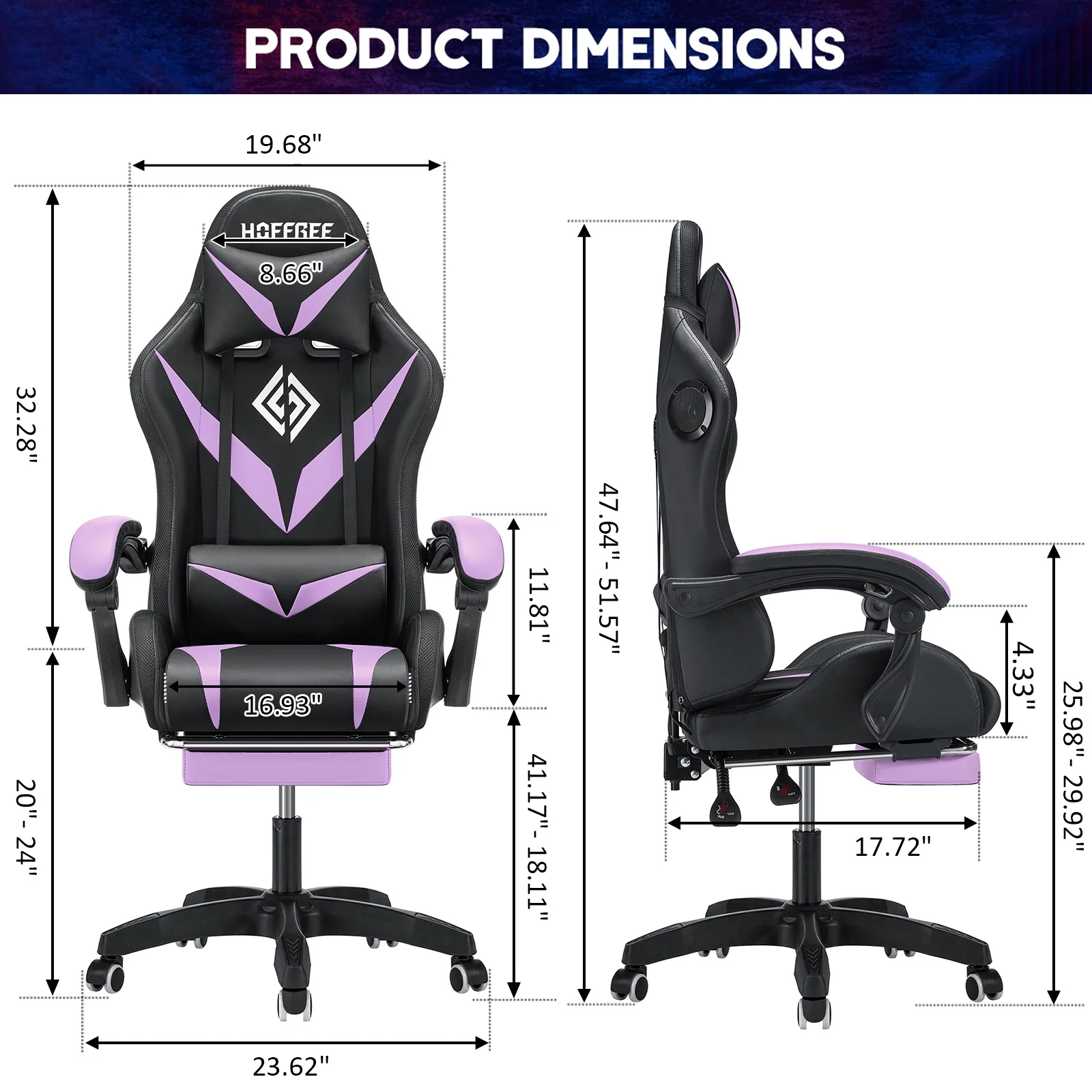 Hoffree Gaming Chair with Speakers PU Leather Office Chair with Footrest and LED Lights Ergonomic Gamer Chair with Massage Lumbar Support and Headrest Adjustable Swivel for Home Office 300lb - Image 52