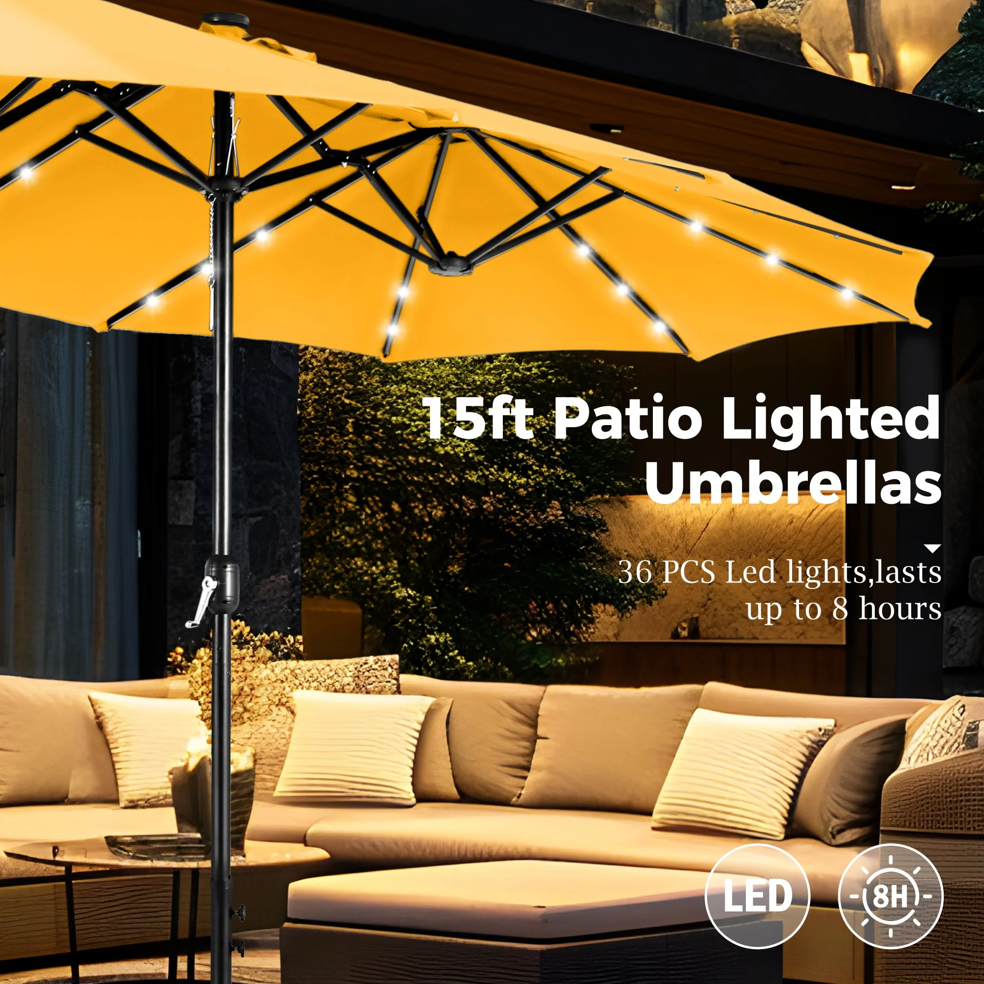 Alpha Joy 15ft Extra Large Outdoor Patio Double-Sided Umbrella with LED Solar Lights & Umbrella Base, Beige - Image 68