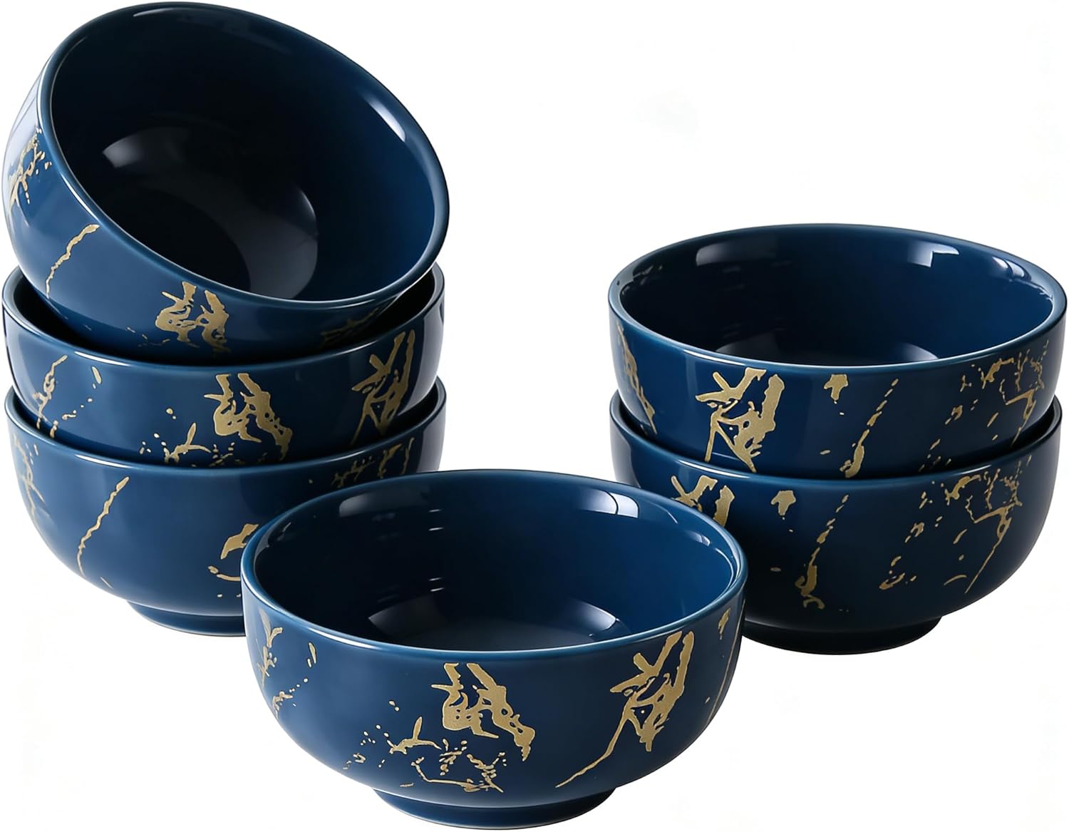 6-Piece Blue and Gold Marble Ceramic Bowls, 20 oz – Bohemian Soup & Cereal Bowl Set, Dishwasher & Microwave Safe, for Ramen, Pasta, Salad, Dessert