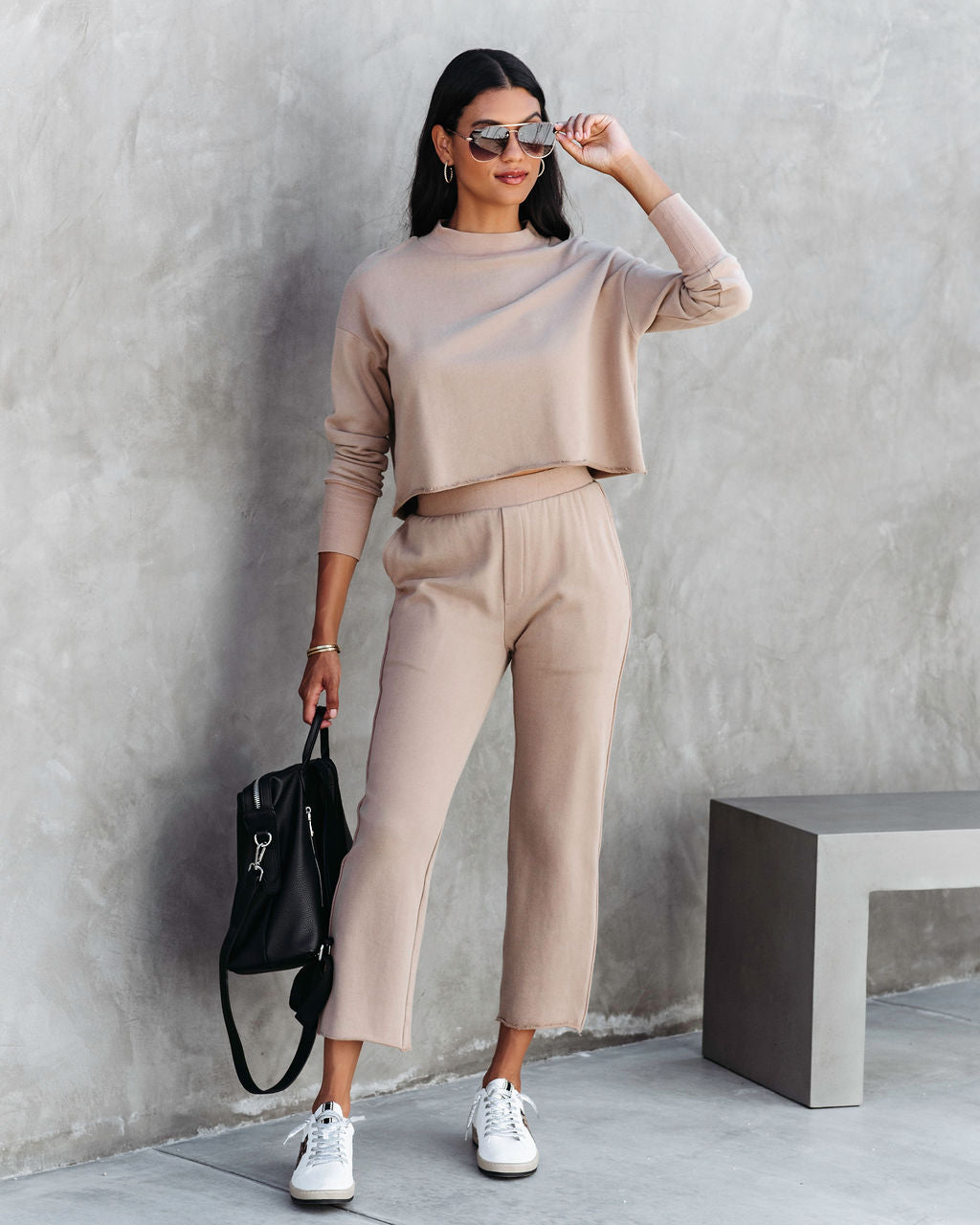 Airport Glam Cotton Mock Neck Long Sleeve Top - Camel - Se7enfashion
