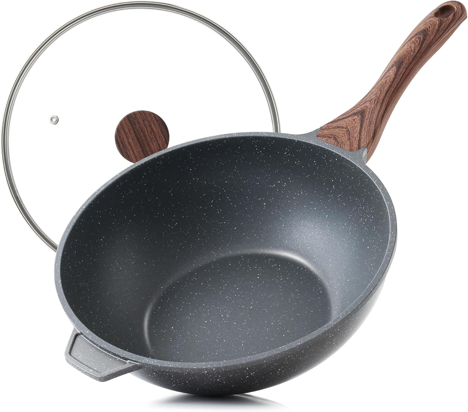SENSARTE Ceramic Nonstick Wok with Lid, 11 Inch Non Toxic Stir-fry Pan Induction Cookware, Deep Frying Pan Skillet with Stay-Cool Handles, PFAS/PTFE/PFOA Free