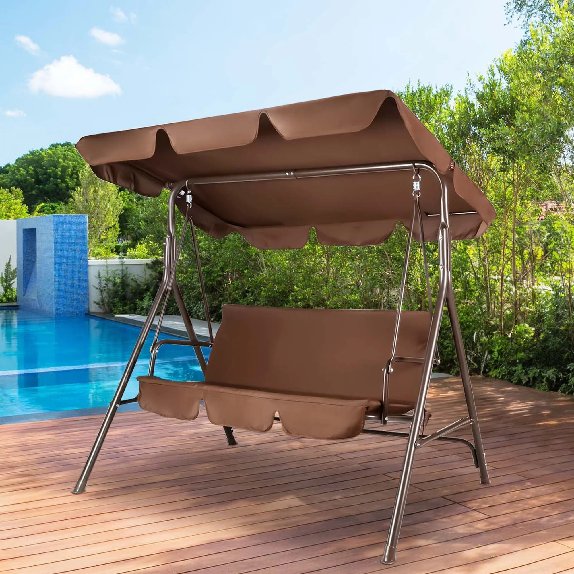 GVDV 3-Seat Steel Porch Paito Swing with Stand,Outdoor Swing Chair with Canopy,Yard swing&Outside swing,Canopy Swing-Brown - Image 9