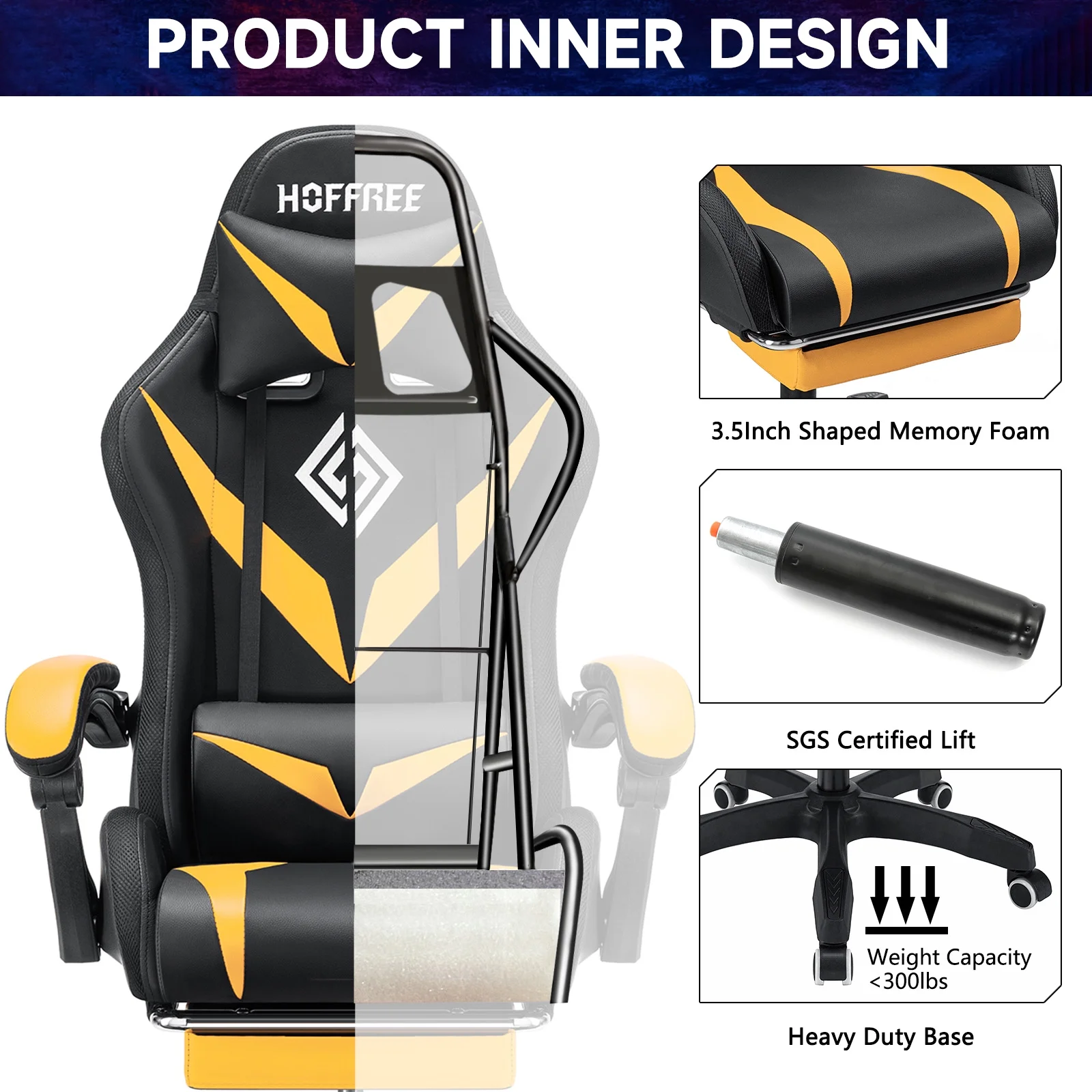 Hoffree Gaming Chair with Speakers PU Leather Office Chair with Footrest and LED Lights Ergonomic Gamer Chair with Massage Lumbar Support and Headrest Adjustable Swivel for Home Office 300lb - Image 37