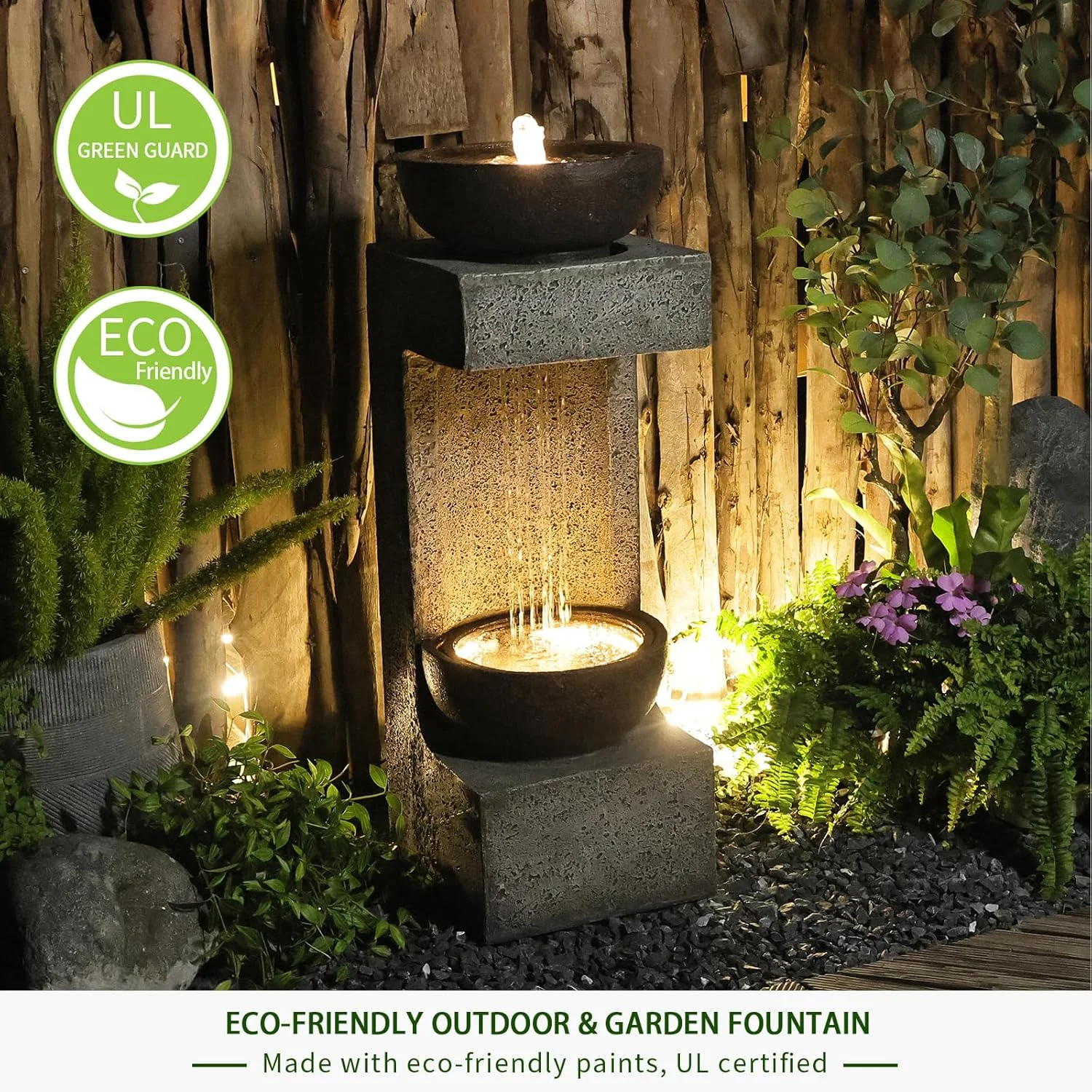 Water Fountain Modern Tiered Outdoor Fountain with Lights and Stone Planter for Garden, Patio, Backyard, Deck, Porch and Home Art Decor - Image 2