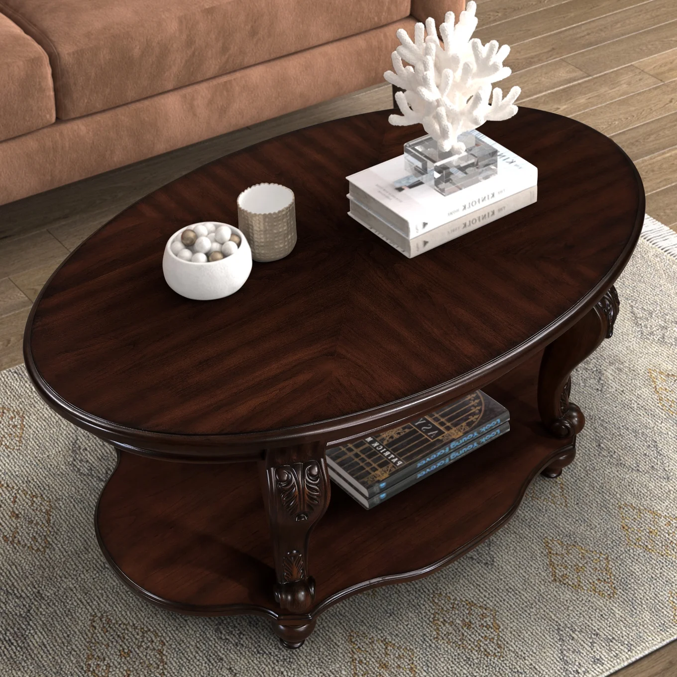 42" Oval Coffee Table with Storage Shelf, 2-Tier Solid Wood Cocktail Tea Table, Traditional Retro Center Table for Living Room, Bearing 400LBS, Cherry - Image 2