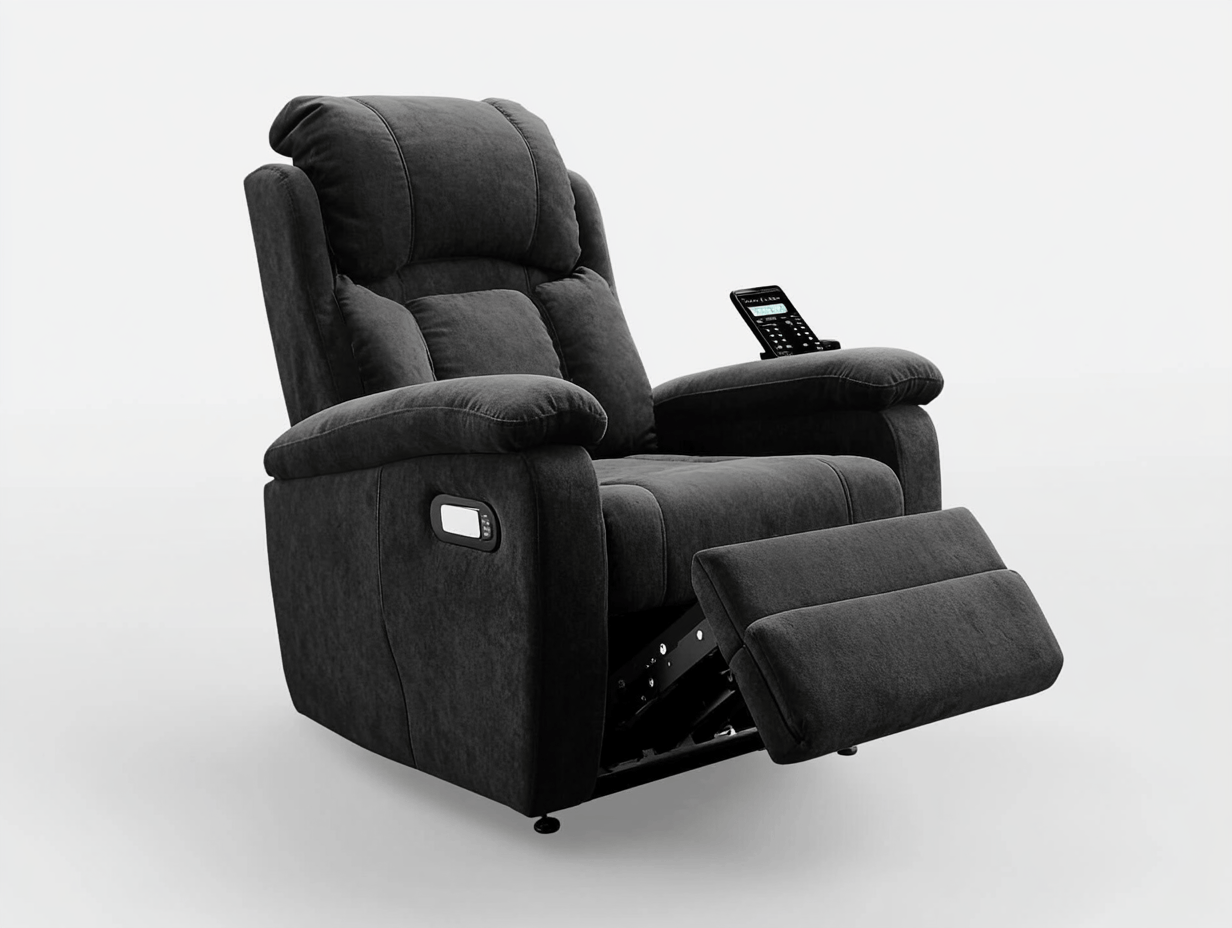 Sillón reclinable de masaje en tela negra con control remoto 91x95x105cm, reclinado extendido 91x160x85cm