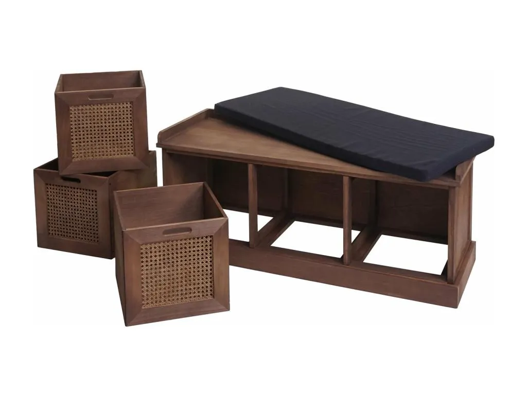 Banco de paulownia marrón y MDF con cojines negros 47x110x40cm almacenaje bfe724161