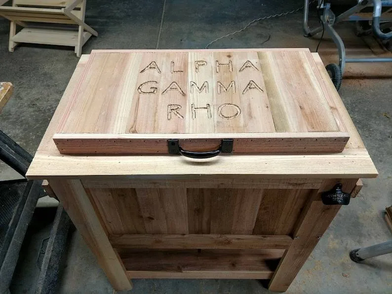 All Weather 48 Quart Antiqued Cedar Cooler Stand with Brass Drain, Bottle Opener and Cap Catcher, Beer Cooler.