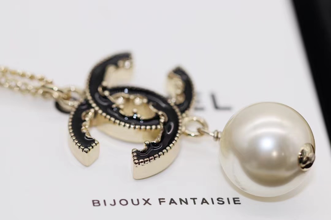 Chanel Black Double C Pearl Drop Pendant Necklace - Original Replica Club