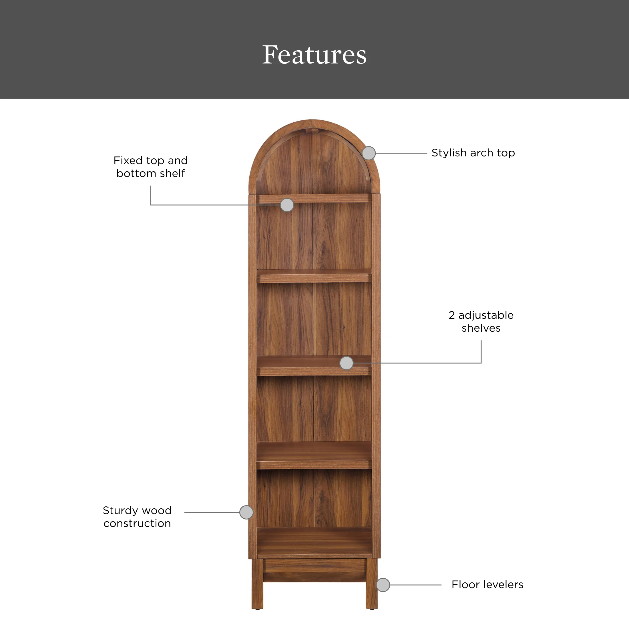 Better Homes & Gardens Juliet Narrow Arch Bookcase, Rich Black and Light Honey - Image 15
