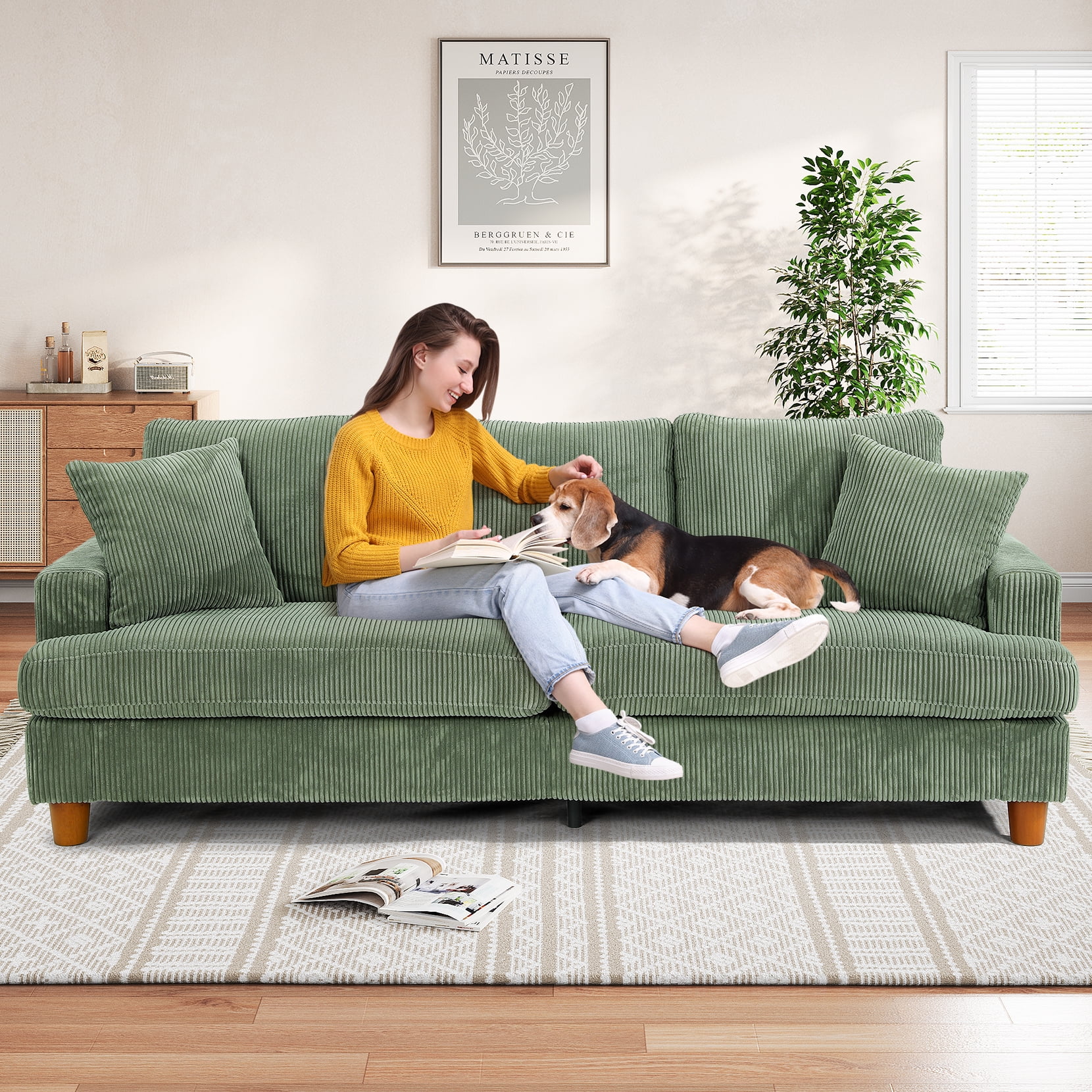 87" Corduroy Sofa,3 Seater Sofa with Extra Deep Seats,Neche Comfy Upholstered Couch for Living Room,2 Pillows,Green - Image 6