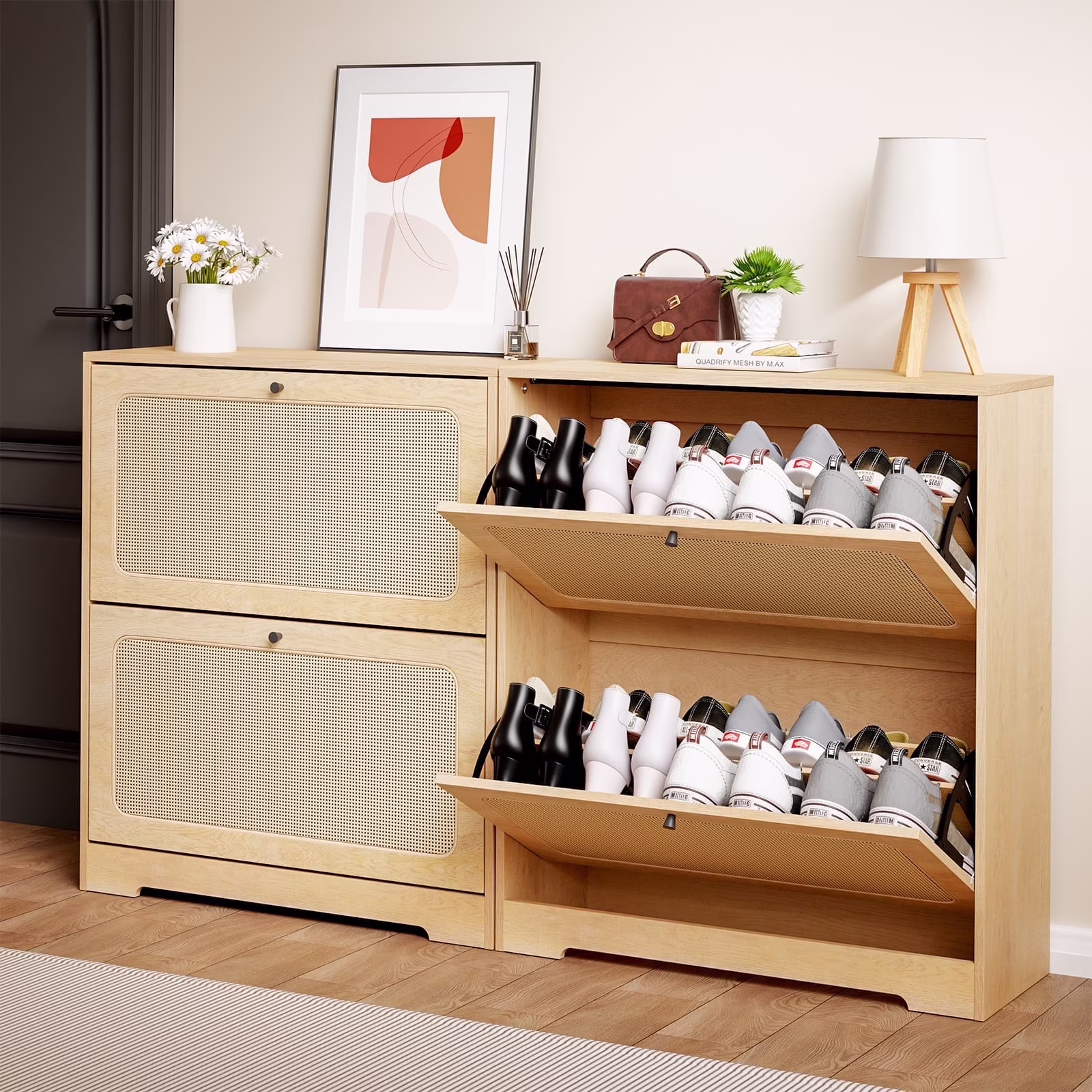 Hommpa Rattan Shoe Cabinet with 2 Flip Drawers & Adjustable Shelves 5 Tier Freestanding Tipping Bucket Shoes Storage Closet for 16 Pairs Narrow Console Table Modern Boho Entryway Shoe Rack Organizer - Image 3