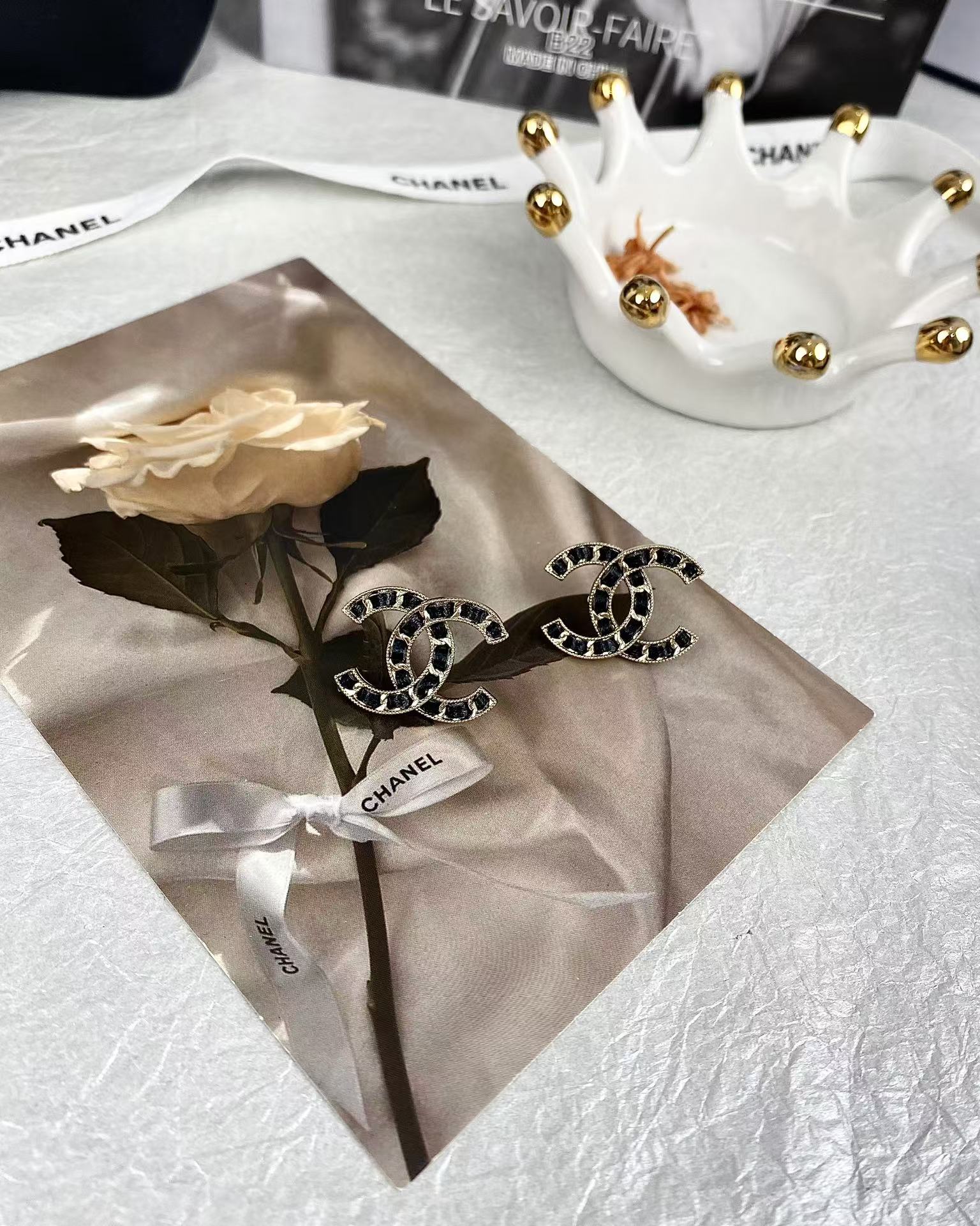 Chanel Light Gold & Black Leather Double C Earrings - Original Replica Club