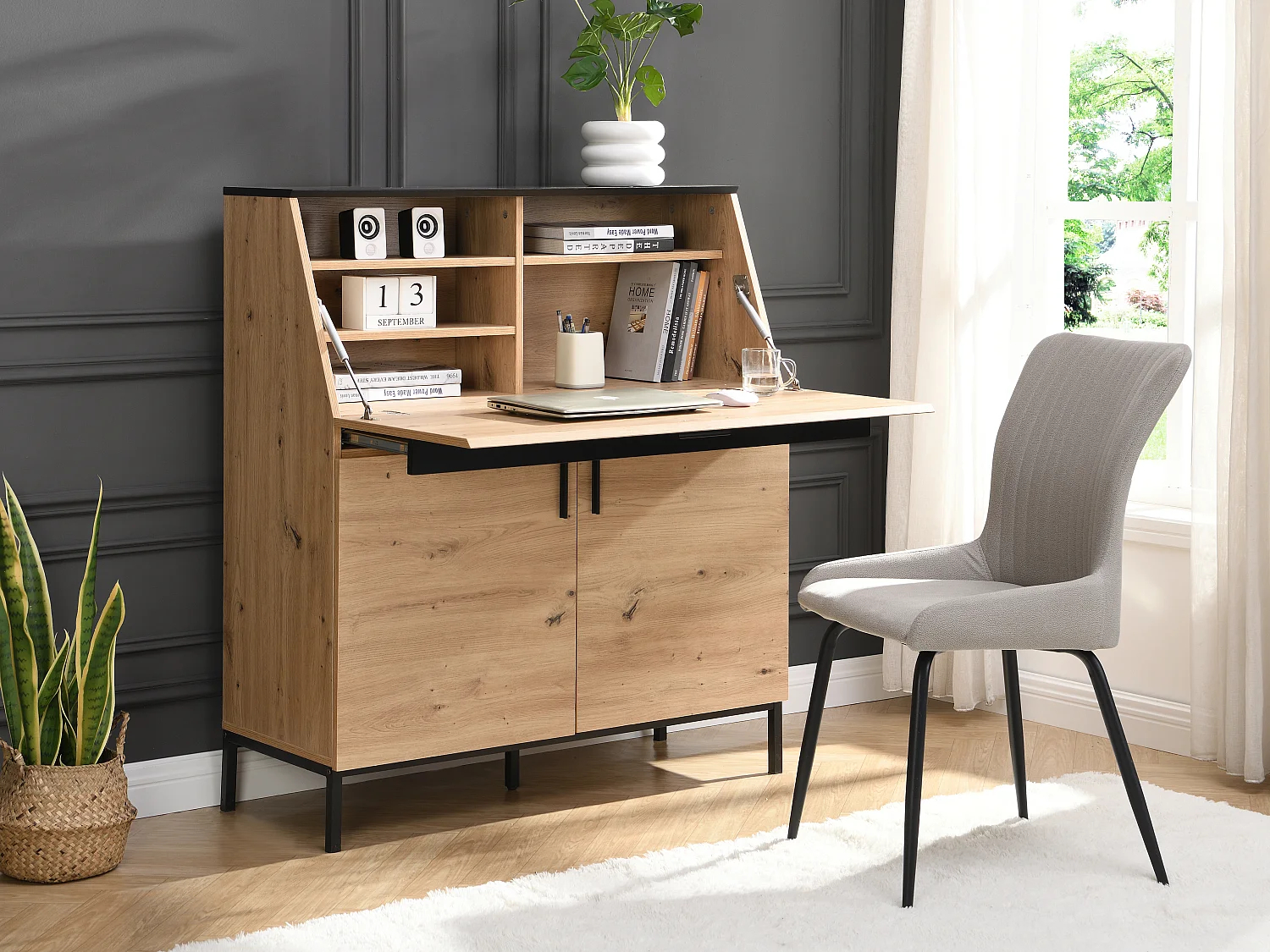 Escritorio con 2 puertas - MDF - Natural y negro - MALEDA