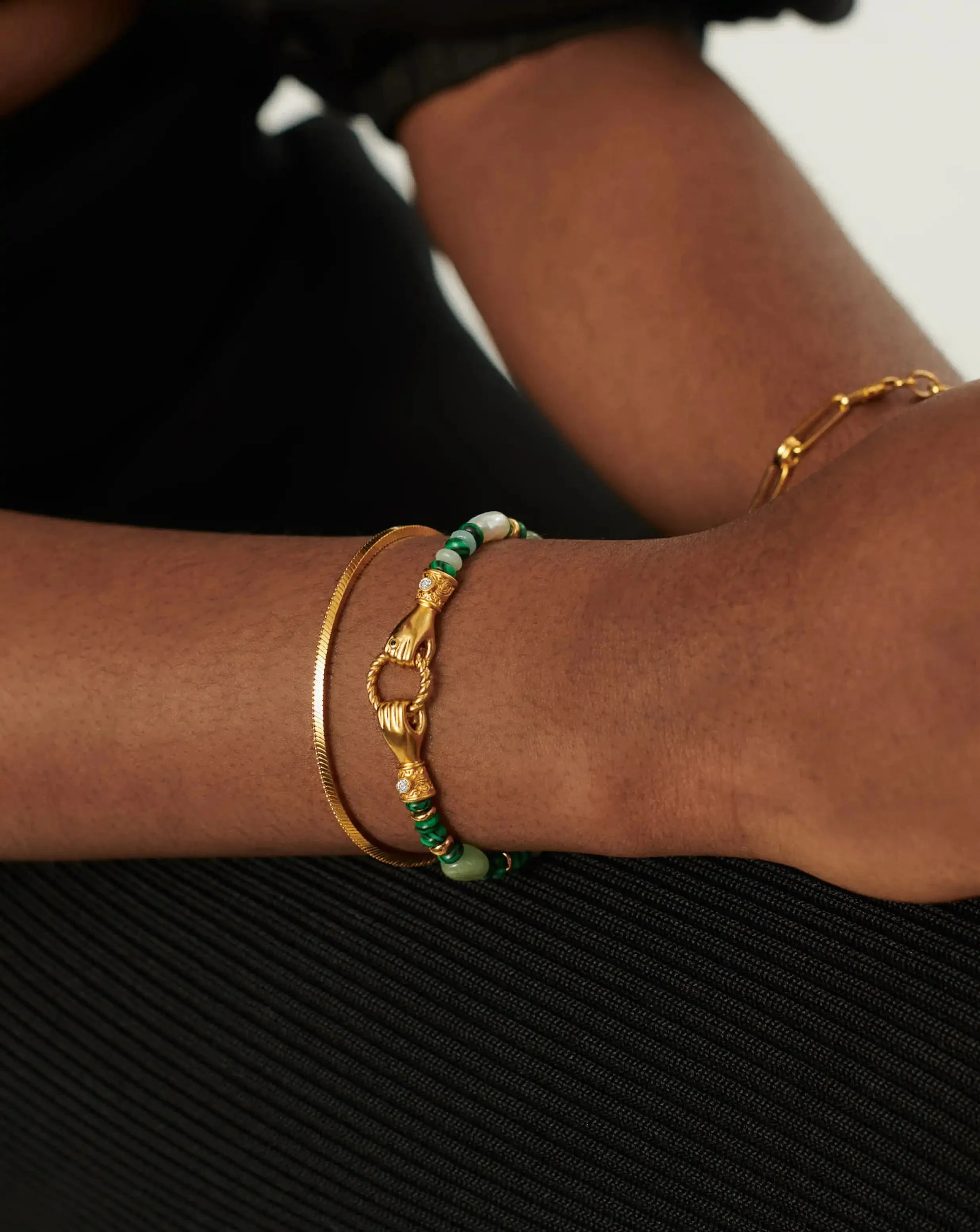 Harris Reed In Good Hands Beaded Gemstone Bracelet | 18ct Gold Plated/Multi Green Gemstone & Pearl