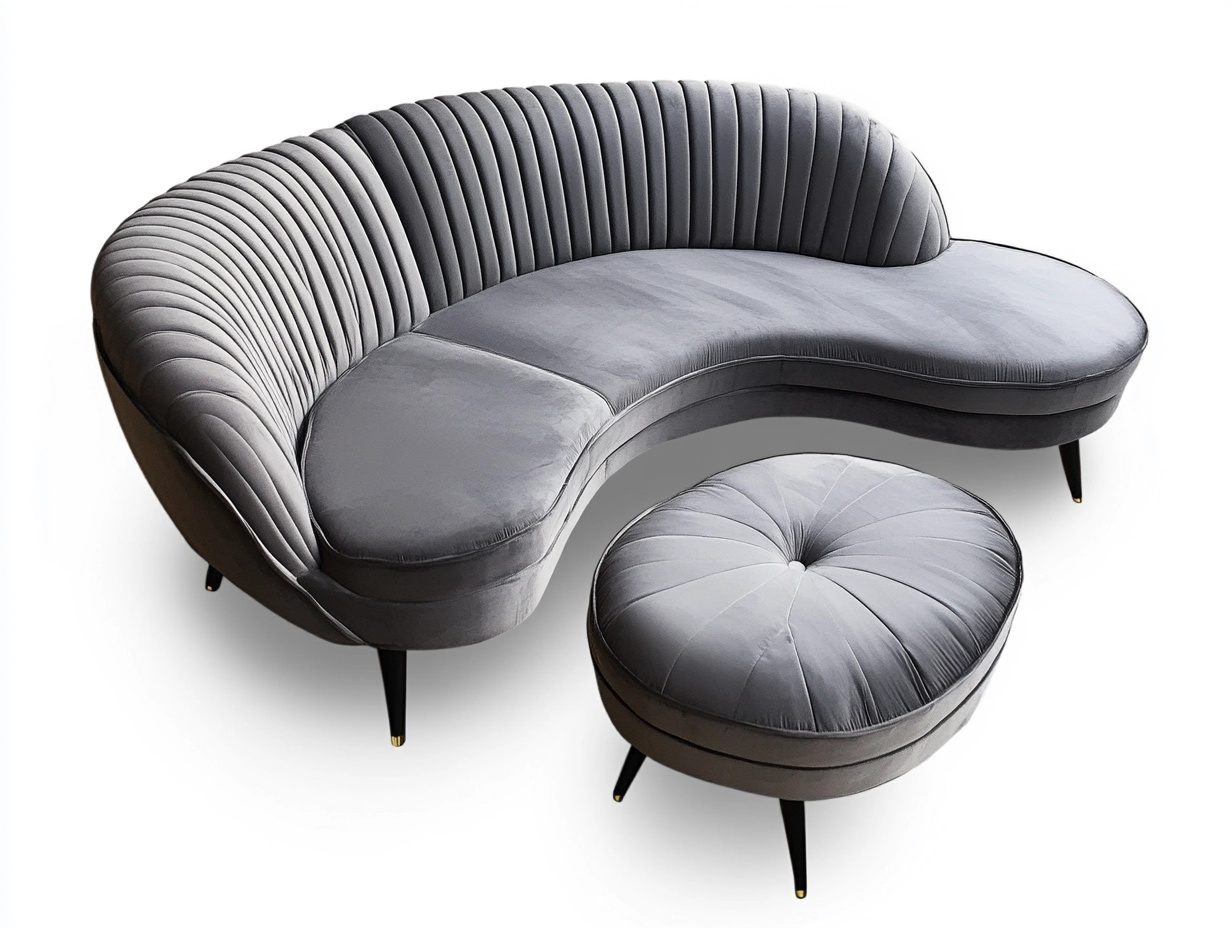 Sofá curvo moderno de terciopelo gris 260cm para sala de estar con otomana cómodo y elegante estructura de madera ve2588921