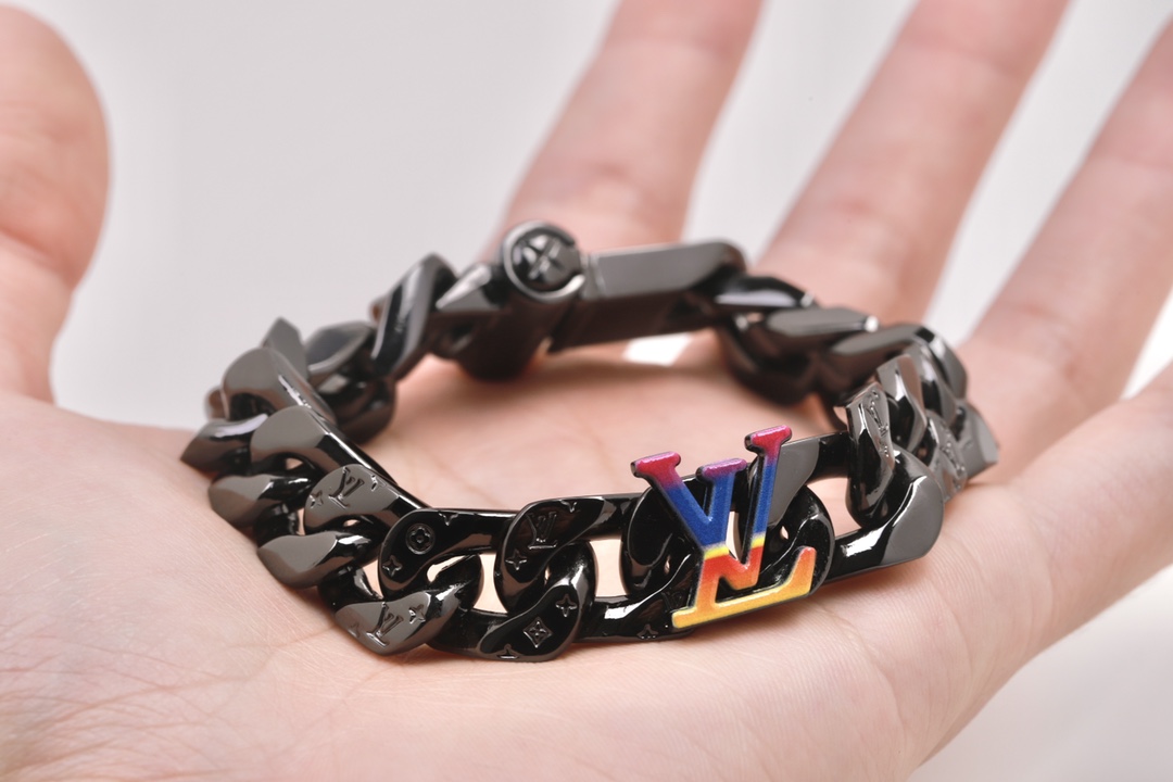 Louis Vuitton Black Cuban Chain Color LV Mens Bracelet Necklace - Original Replica Club