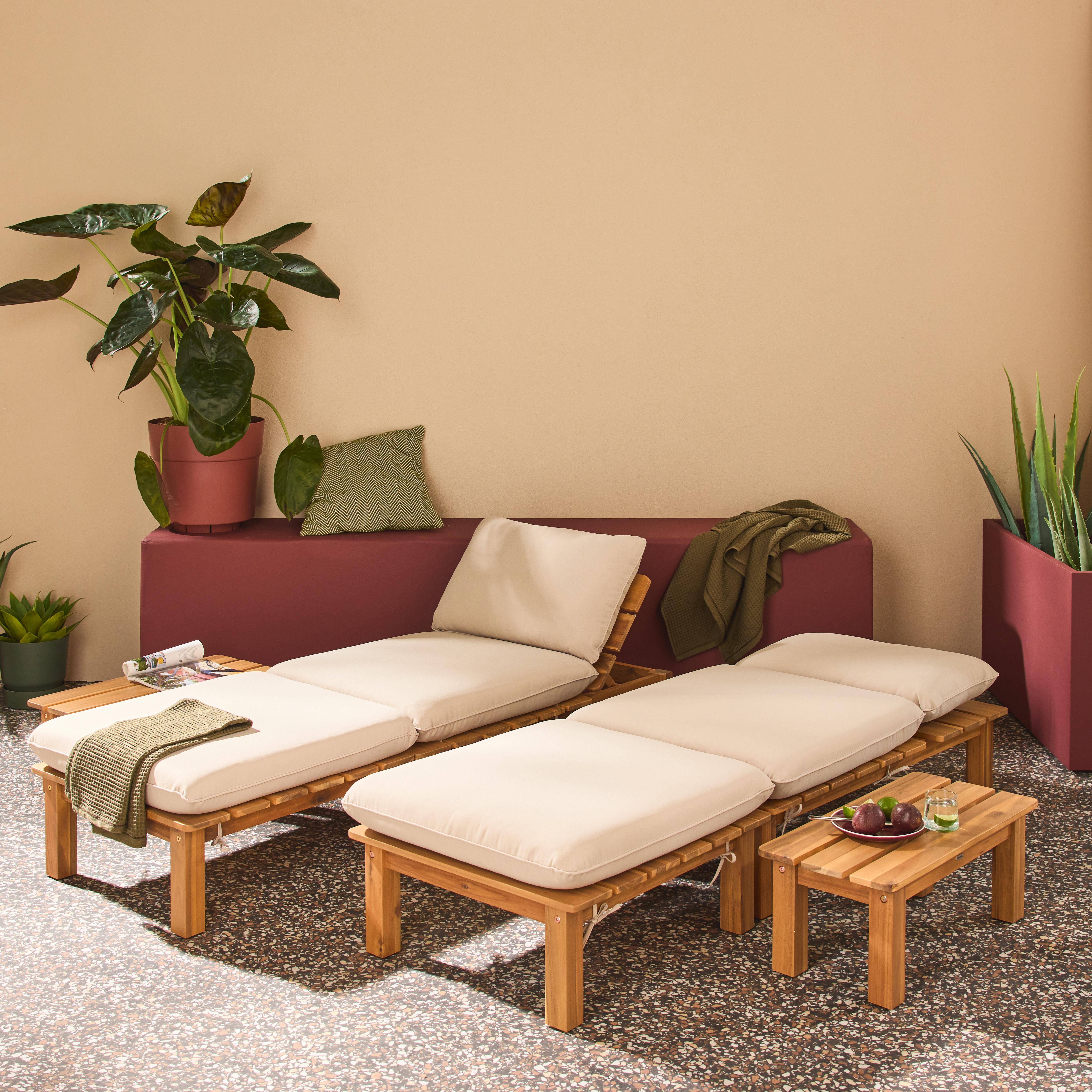 Mae - Conjunto de  tumbonas modular de madera de acacia multiposición con mesas, set de 2