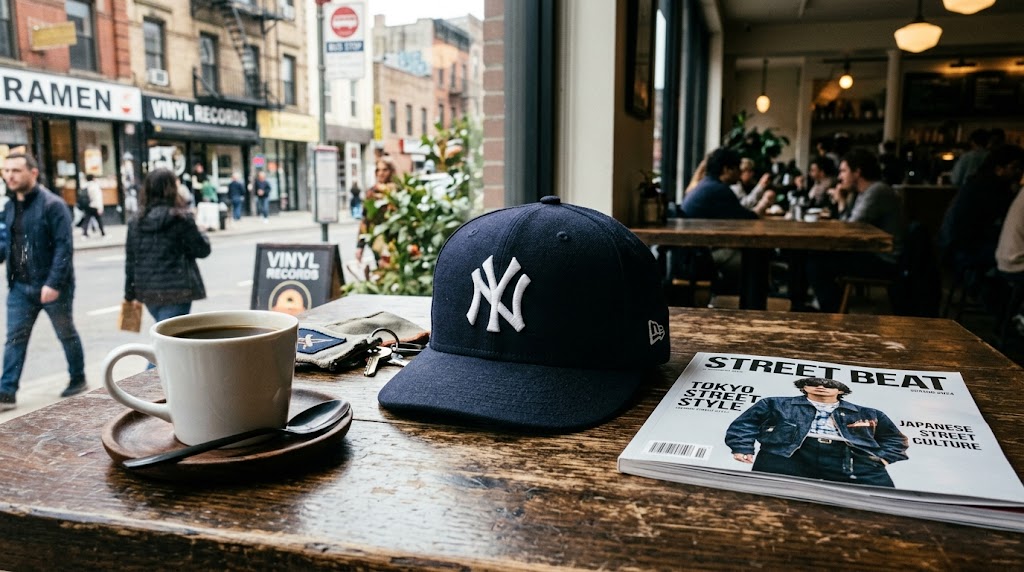 A navy blue New York Yankees baseball cap on a rustic wooden cafe table next to a cup of black coffee and a 