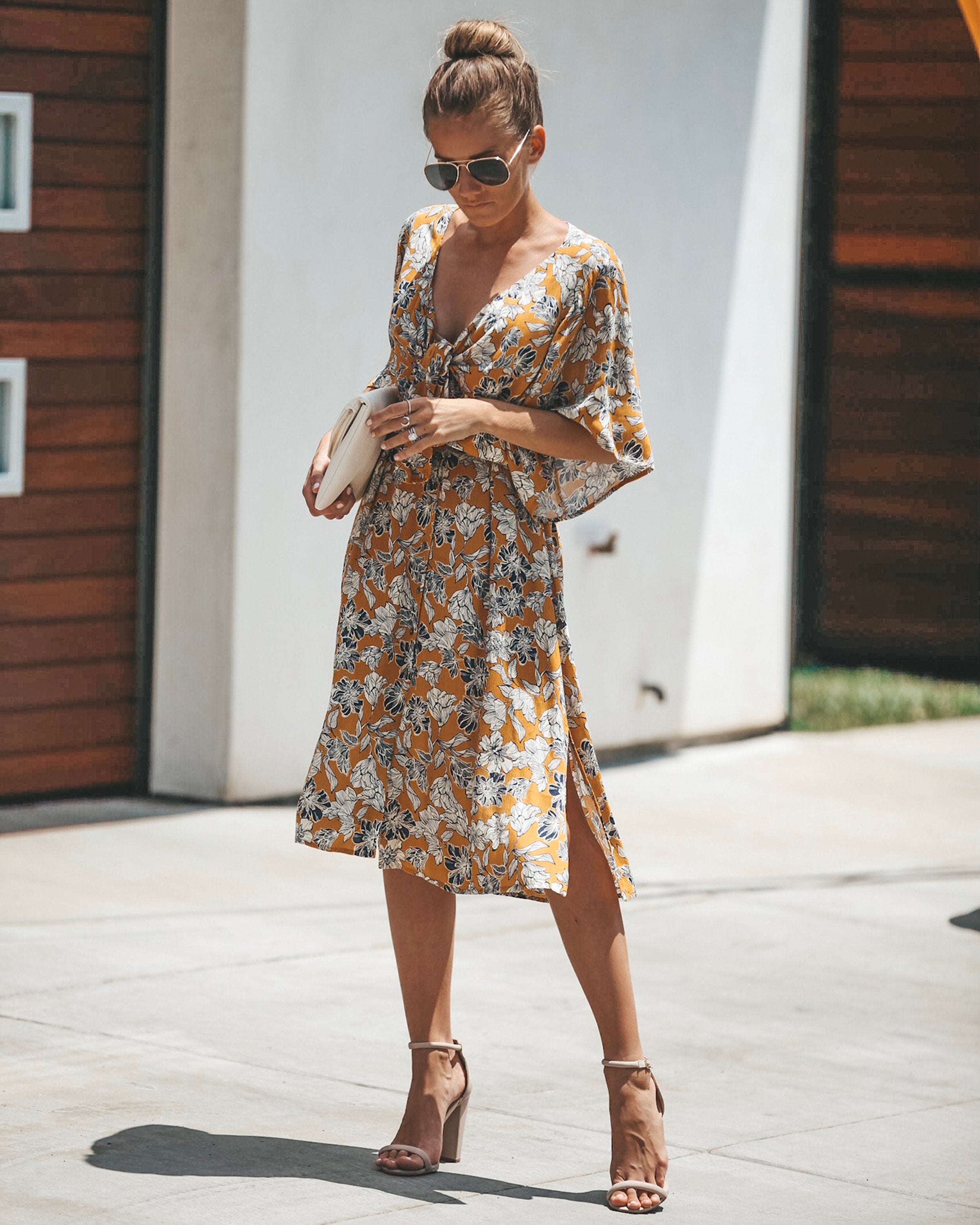 Jaune Floral Knot Front Midi Dress - Se7enfashion