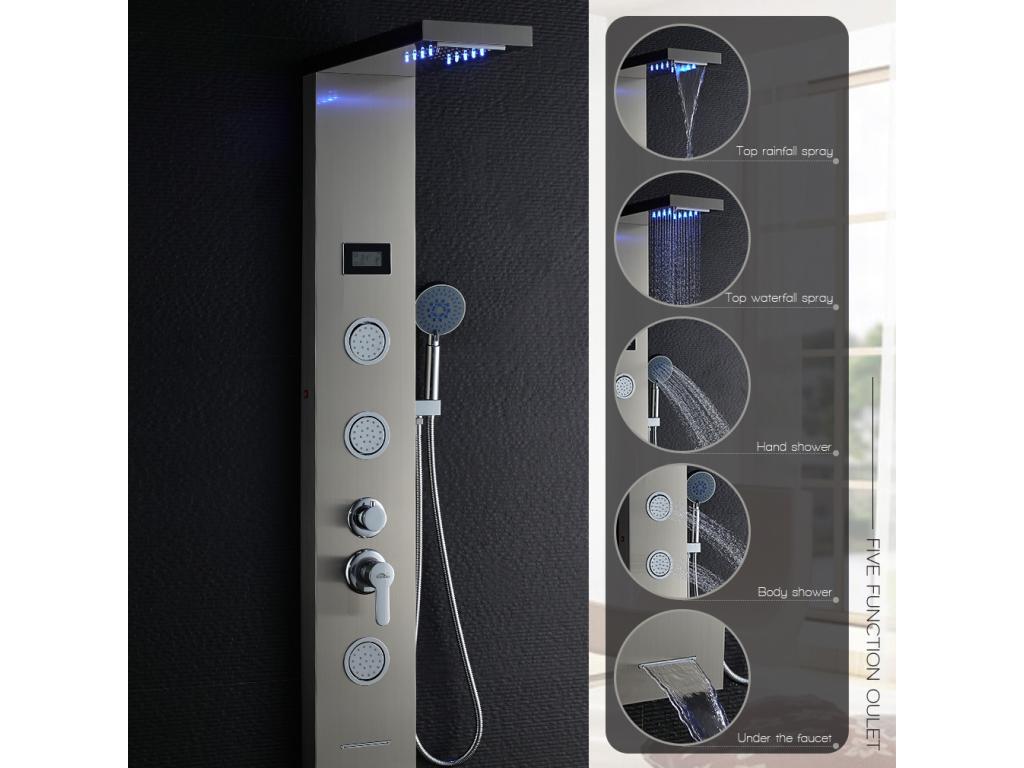 Panel de Ducha LED LCD Indicador de temperatura Columna Ducha Hidromasaje Panel Ducha de Acero Inoxidable Cepillado con 3 Jets de Masaje,Modelo UE