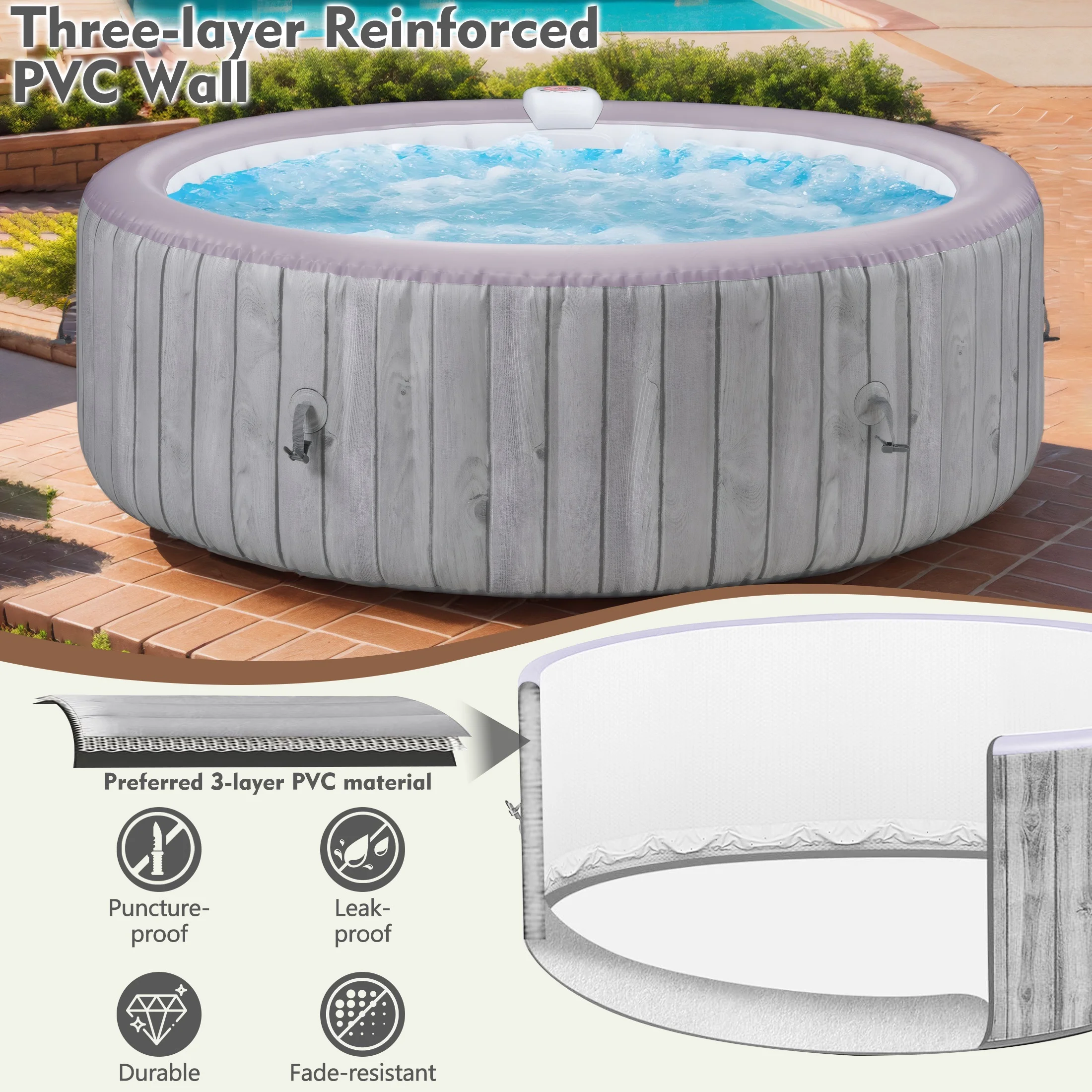 Round Hot Tub Surround Furniture, Spa Surround Outdoor Rattan Sectional Sofa Set with Mini Sofa, Solid Acacia Wood Hot Tub Storage Surround Patio Furniture Set, Gray Cushion - Image 17