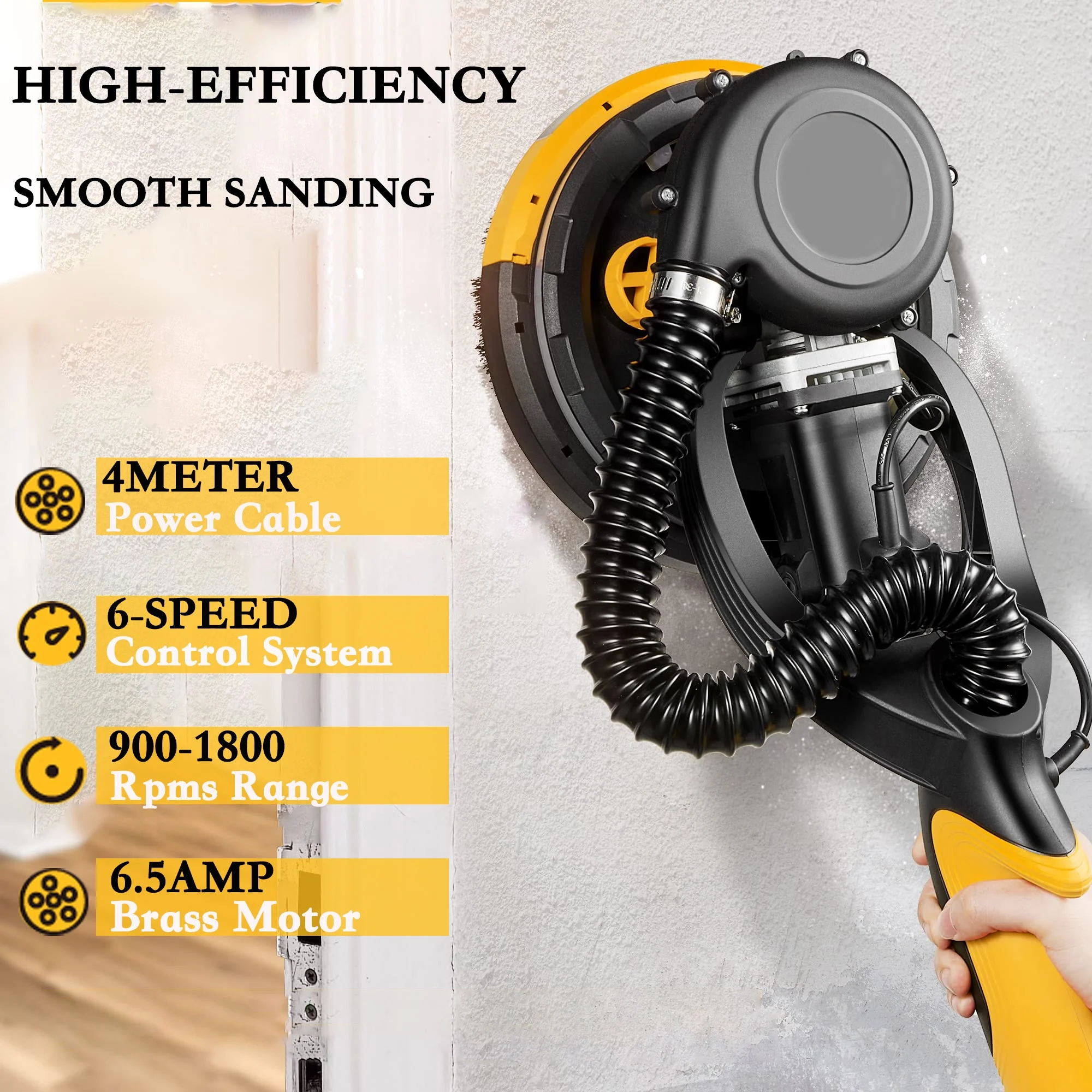 POVANLI 780W Electric Drywall Sander with Vacuum Dust Collection, 6.5A Motor Dustless Floor Sander with Variable Speed 900-1800RPM, LED Light, Extendable & Foldable Handle Yellow+Black - Image 8