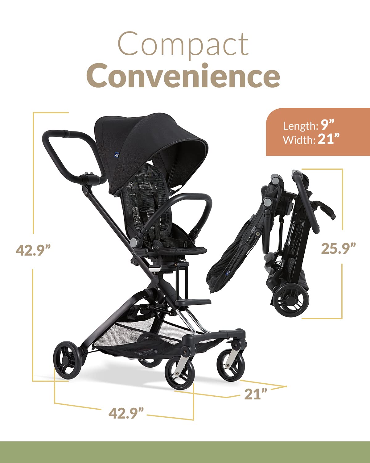 Unilove On The Go 3-in-1 Lightweight Travel Stroller with Reversible Toddler Seat - Travel Stroller for Toddlers Aged 1-3 - Compact Baby Stroller for Travel - Foldable, Sturdy, Safe - Midnight Black