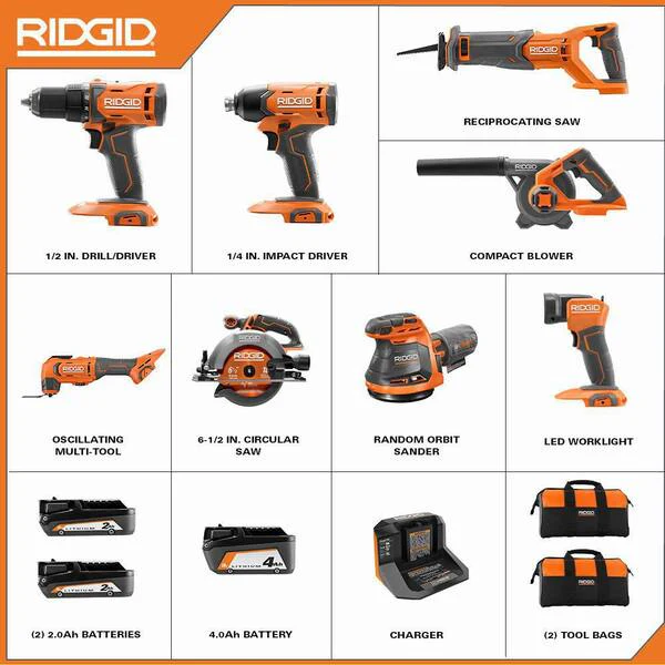 18V Cordless 8-Tool Combo Kit with (3) Batteries, Charger, and Bag with 18V High Torque Impact Wrench - Image 2